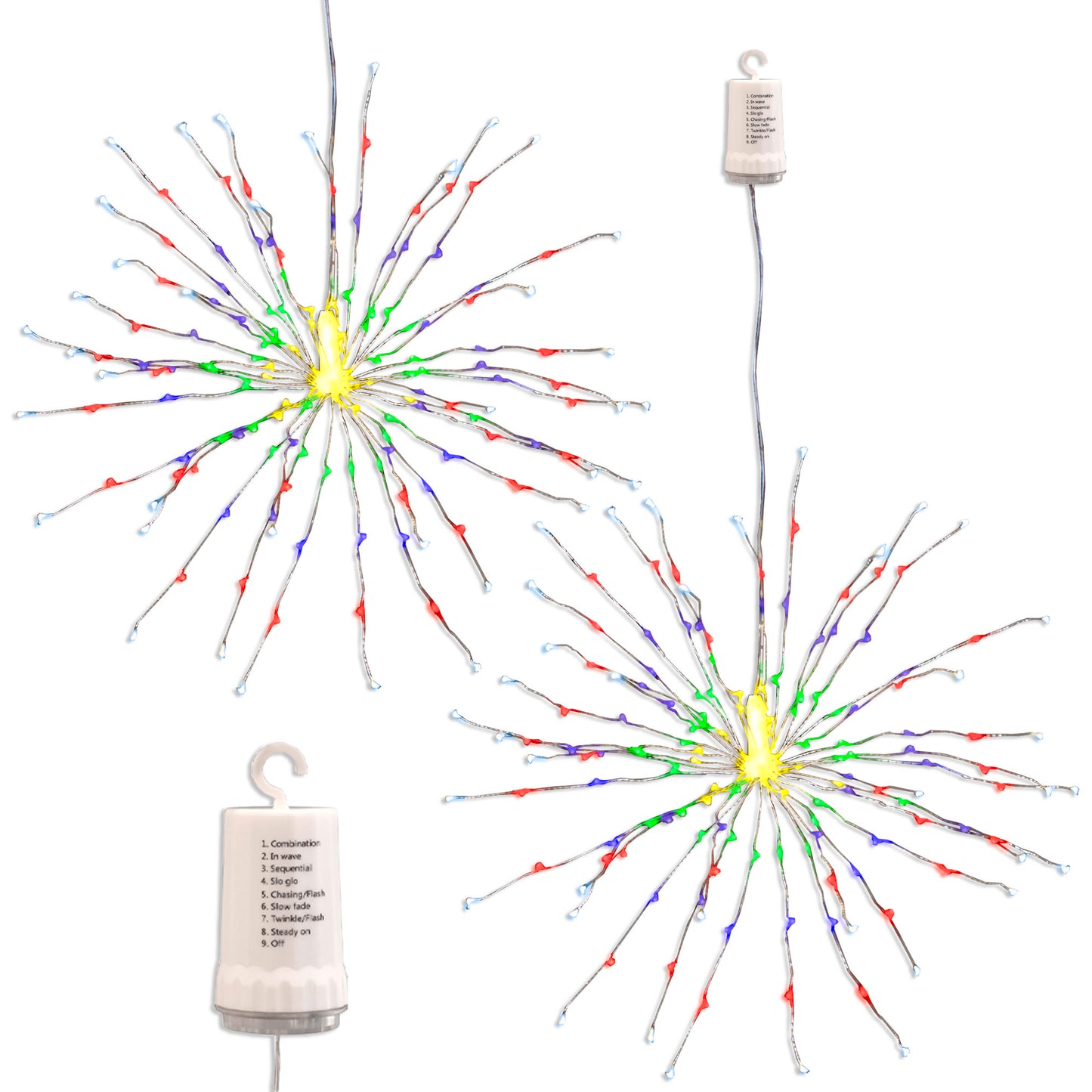 Battery Operated Starburst Lights with Remote Control - Set of 2 - Multi Color with Silver Wire