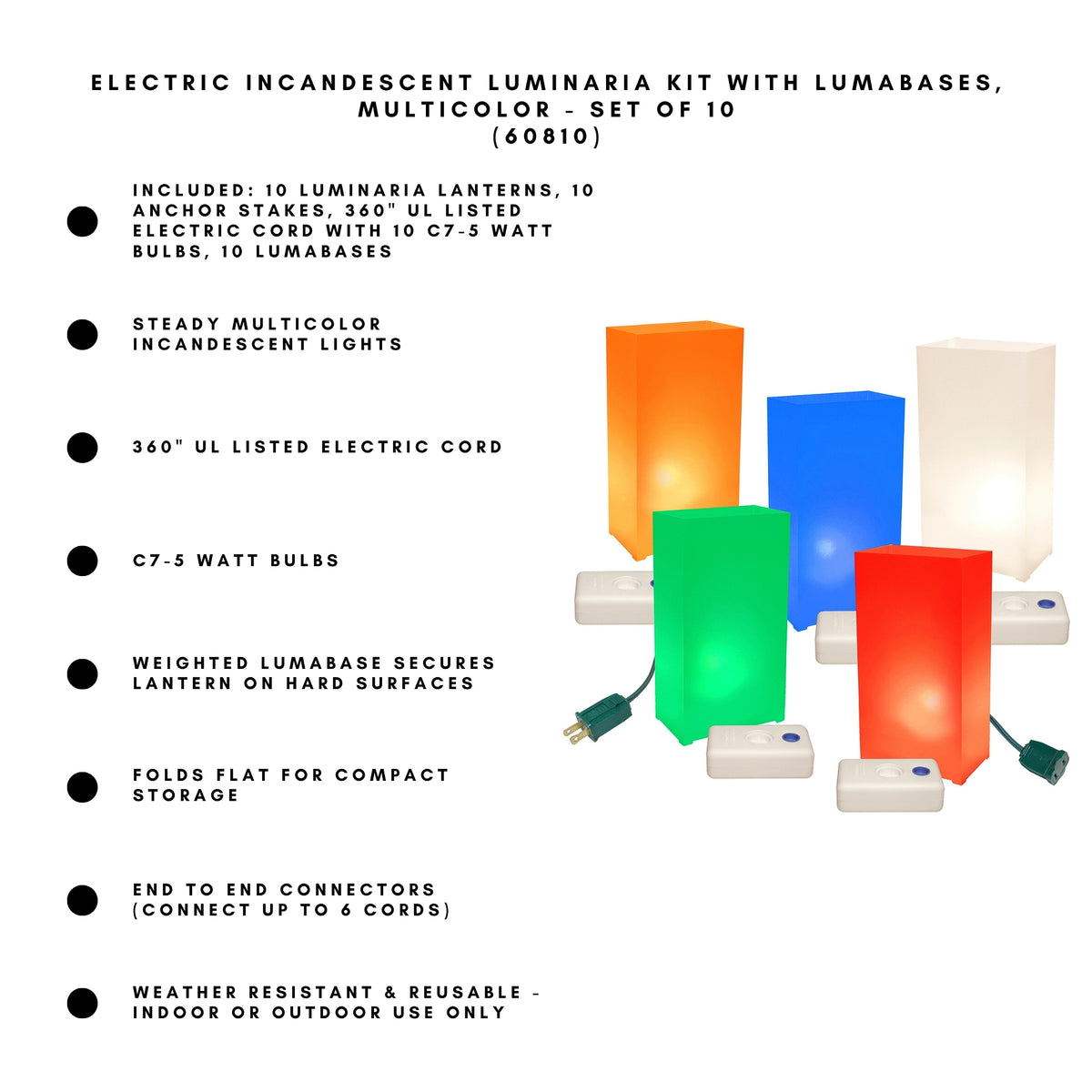 Electric Incandescent Luminaria Kit with LumaBases, Multicolor - Set of 10
