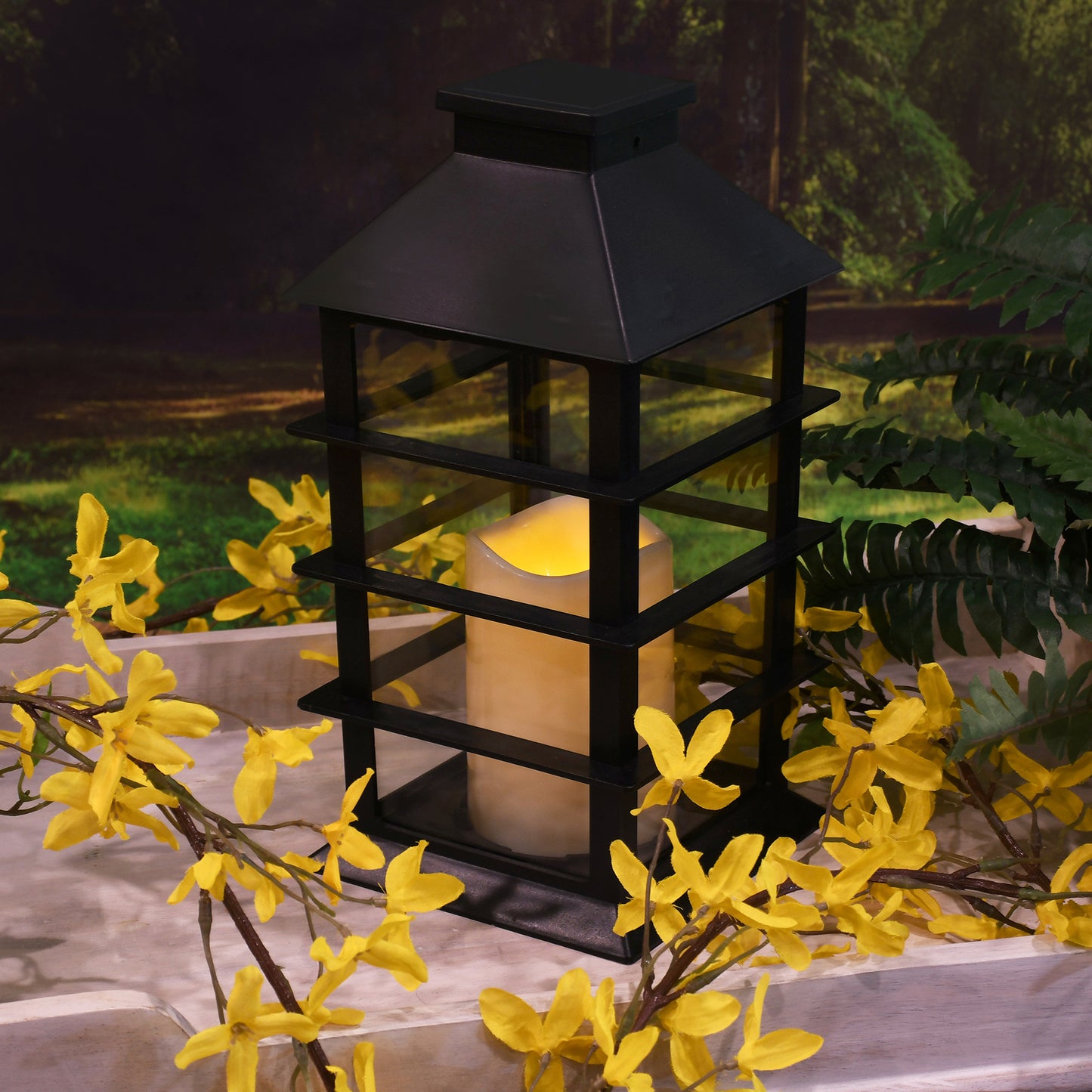 Solar Powered Lantern with LED Candle - Black