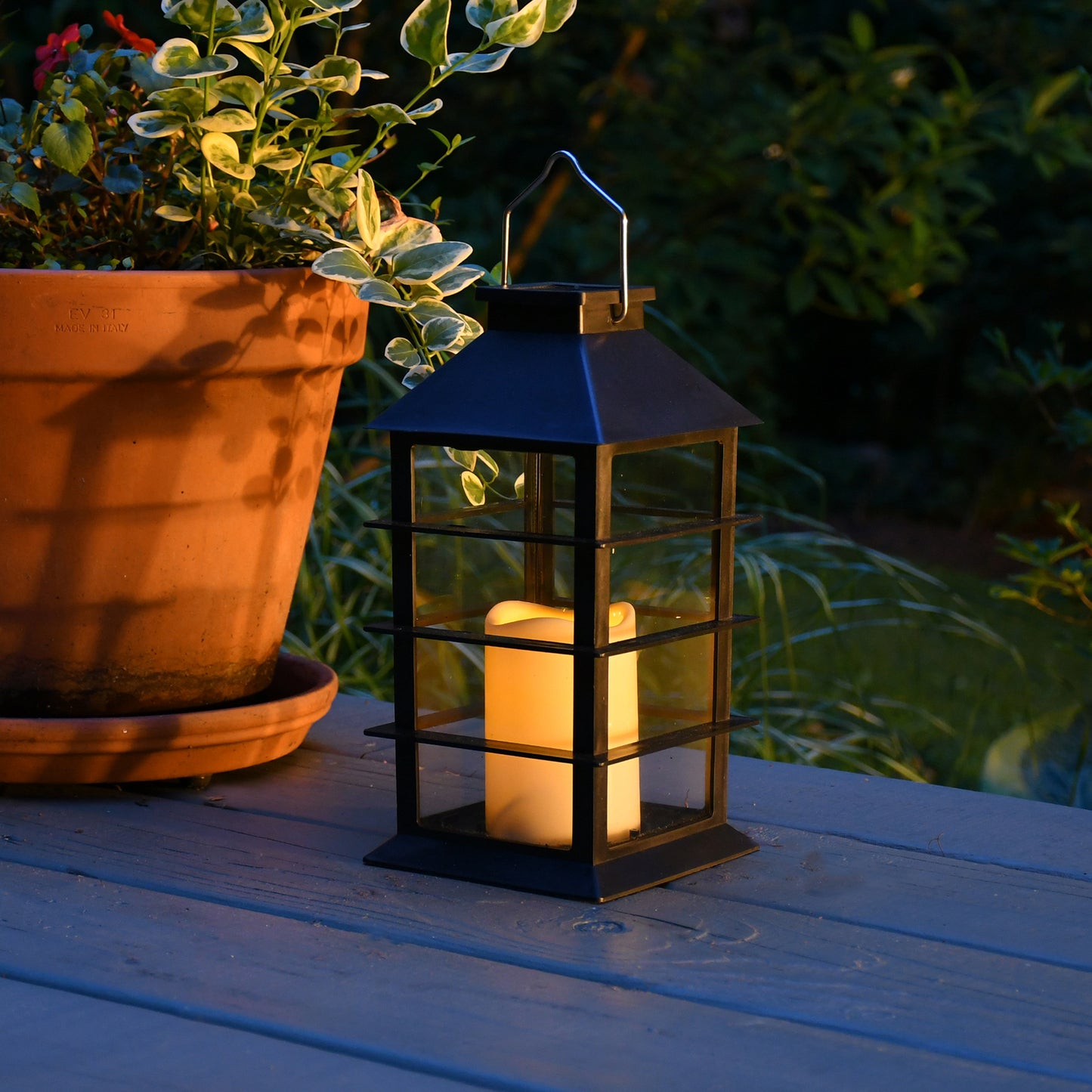 Solar Powered Lantern with LED Candle - Black