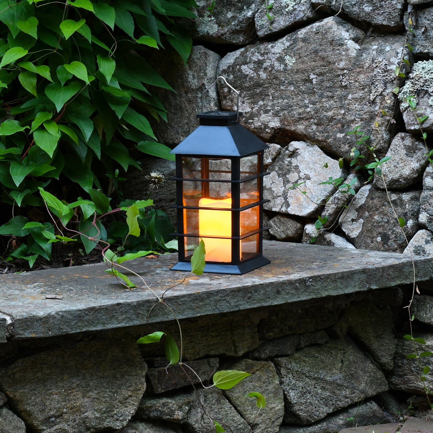 Solar Powered Lantern with LED Candle - Black