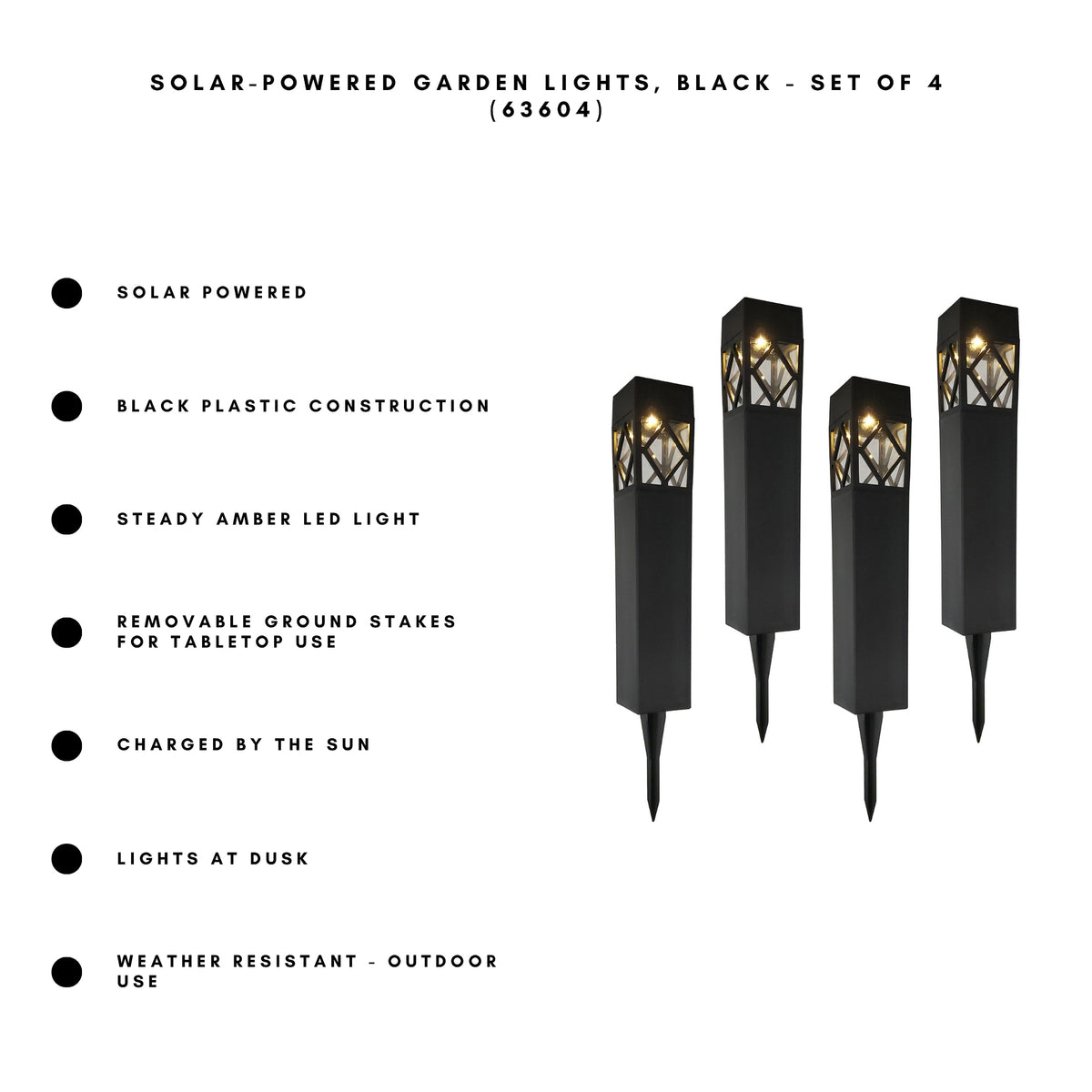 Solar-Powered Garden Lights, Black - Set of 4