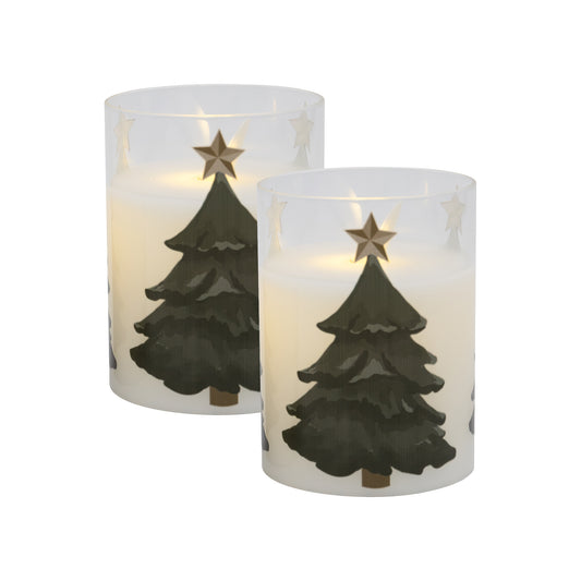 Battery Operated LED Glass Candles with Flickering Flame, Holiday Tree - Set of 2