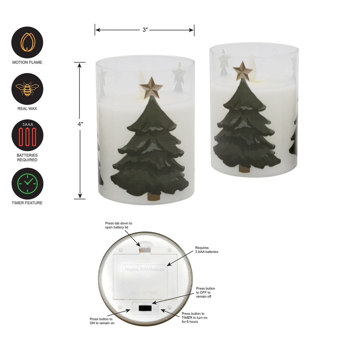 Battery-Operated LED Glass Candles with Flickering Flame, Holiday Tree - Set of 2