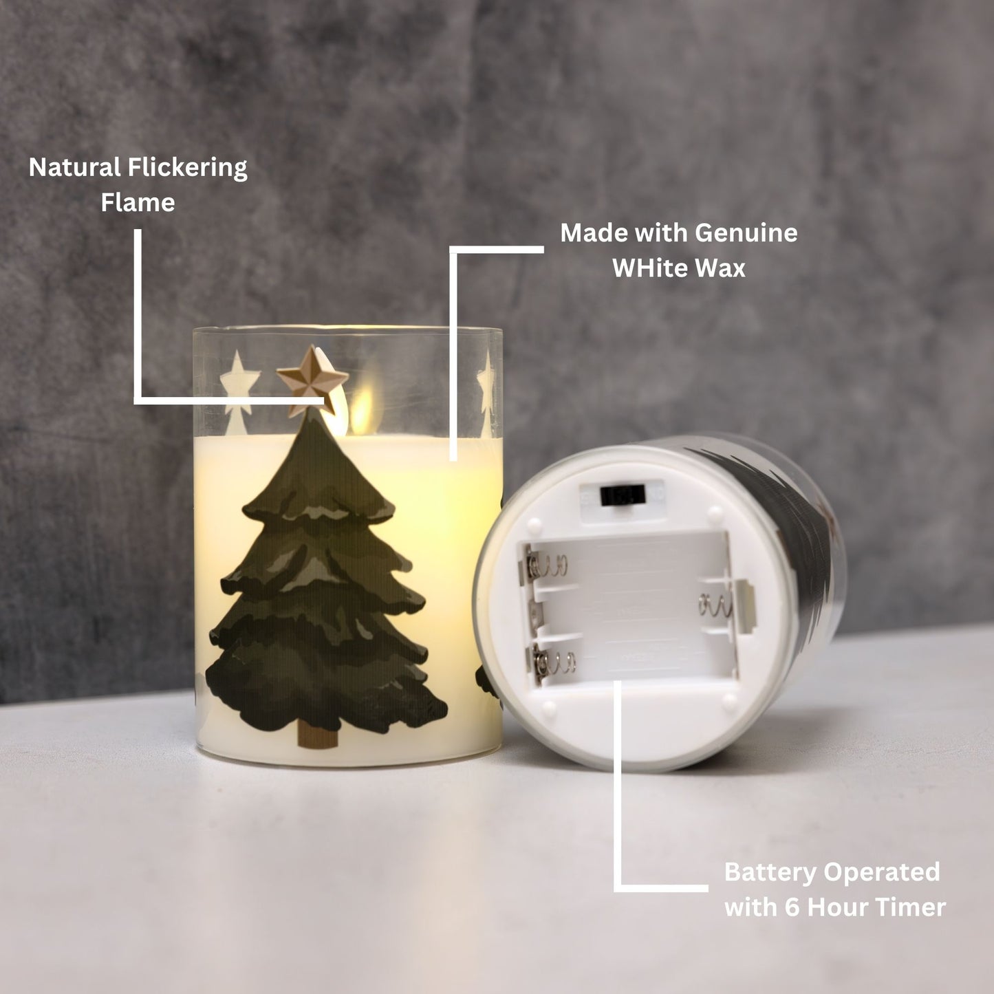Battery Operated LED Glass Candles with Flickering Flame, Holiday Tree - Set of 2
