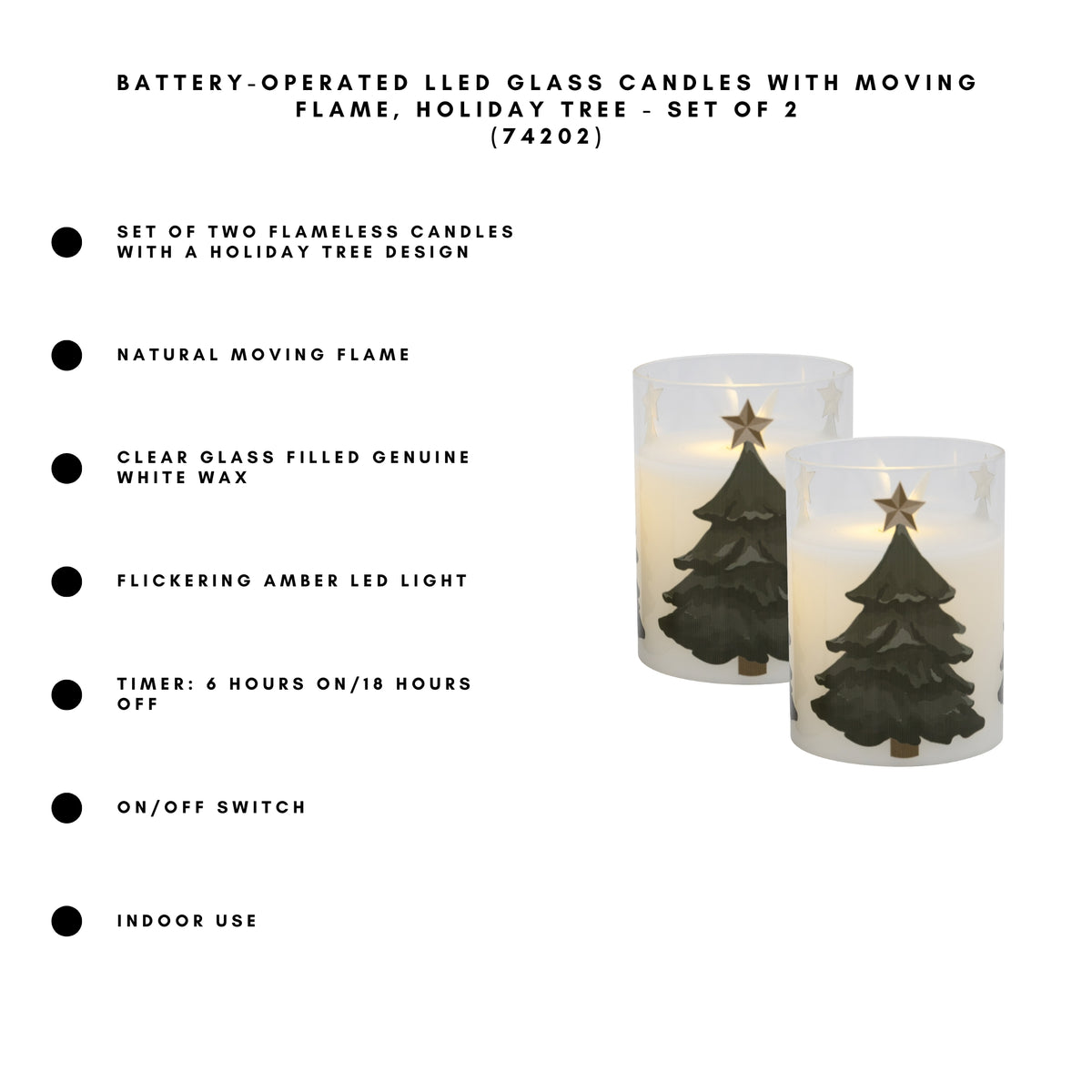 Battery-Operated LED Glass Candles with Flickering Flame, Holiday Tree - Set of 2