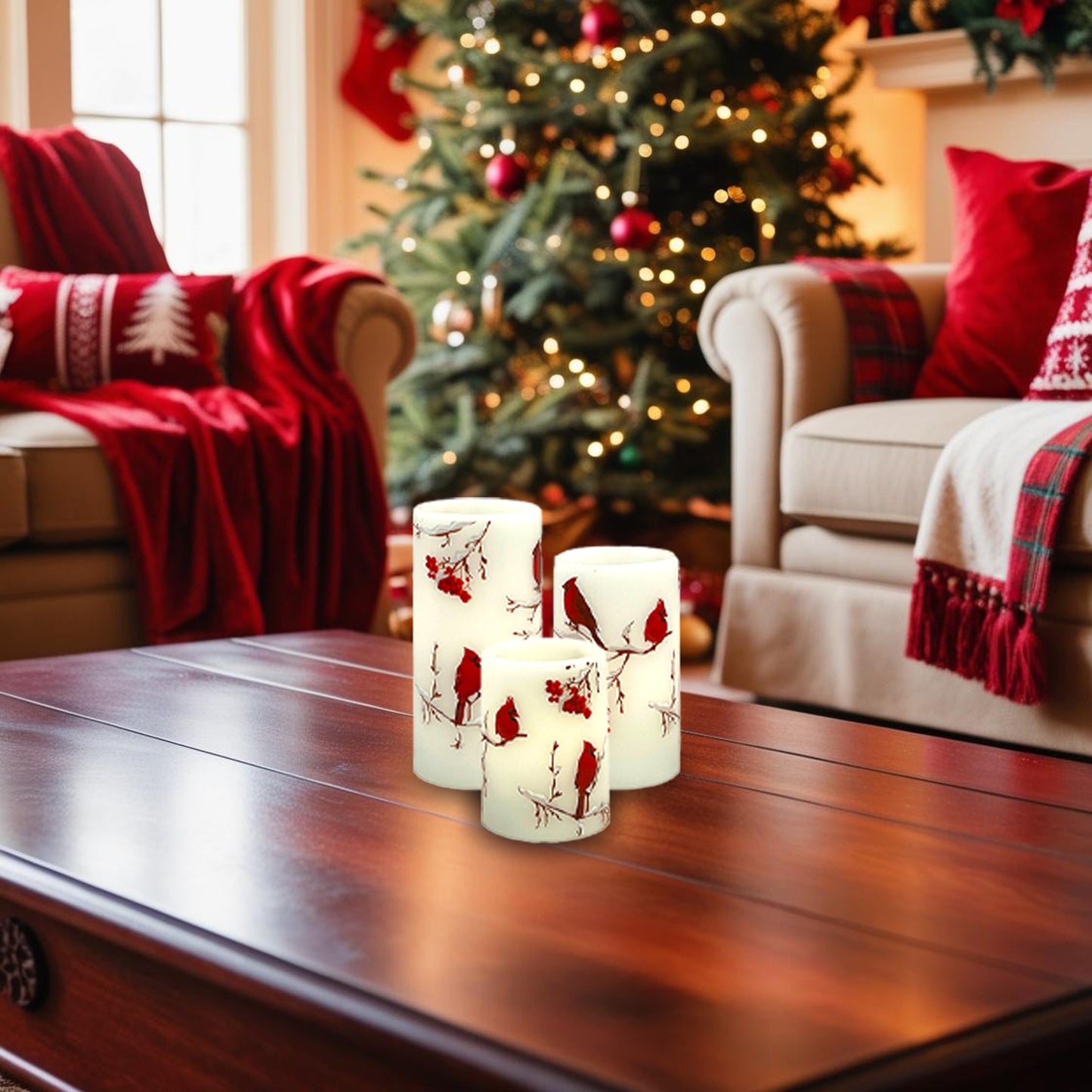 Battery-Operated Wax Candles with Cardinal Design - Set of 3