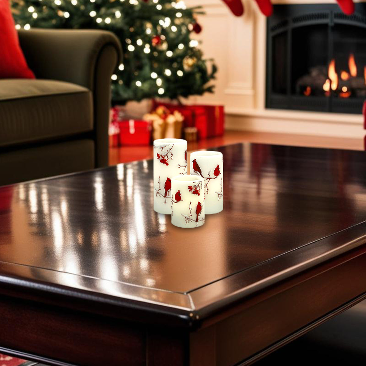 Battery-Operated Wax Candles with Cardinal Design - Set of 3