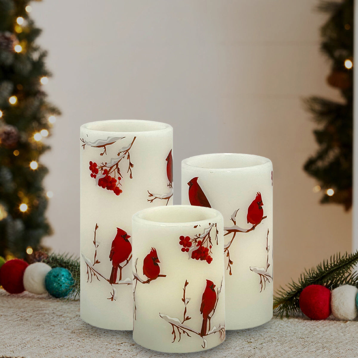 Battery-Operated Wax Candles with Cardinal Design - Set of 3