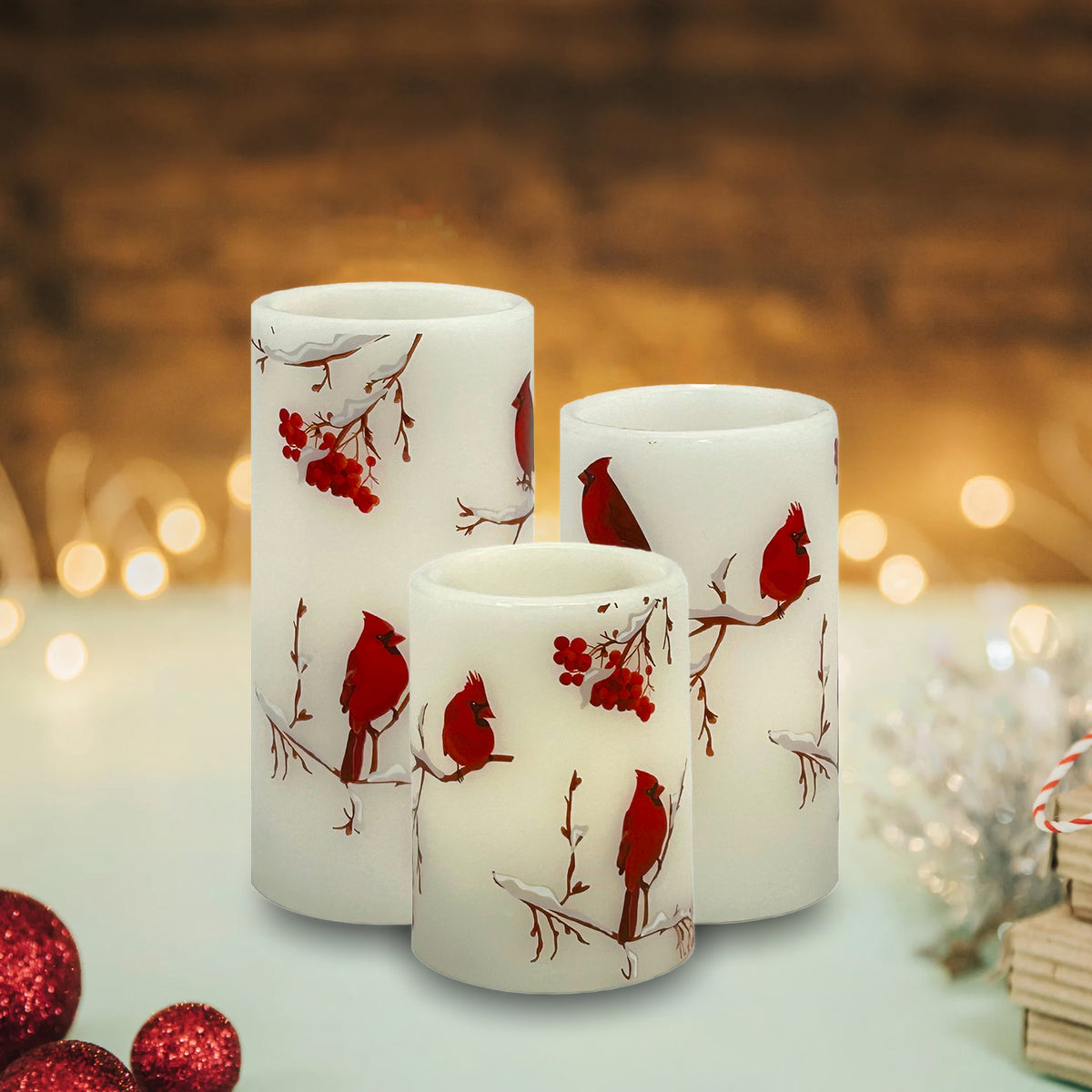 Battery-Operated Wax Candles with Cardinal Design - Set of 3
