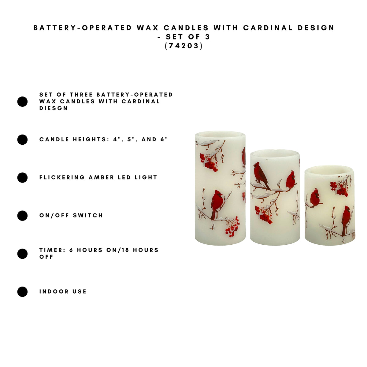 Battery-Operated Wax Candles with Cardinal Design - Set of 3