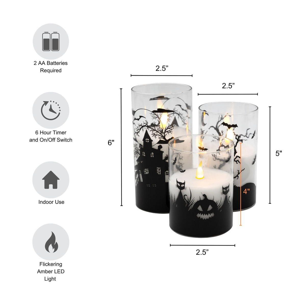 Battery Operated LED Halloween Hurricane Candles - Set of 3