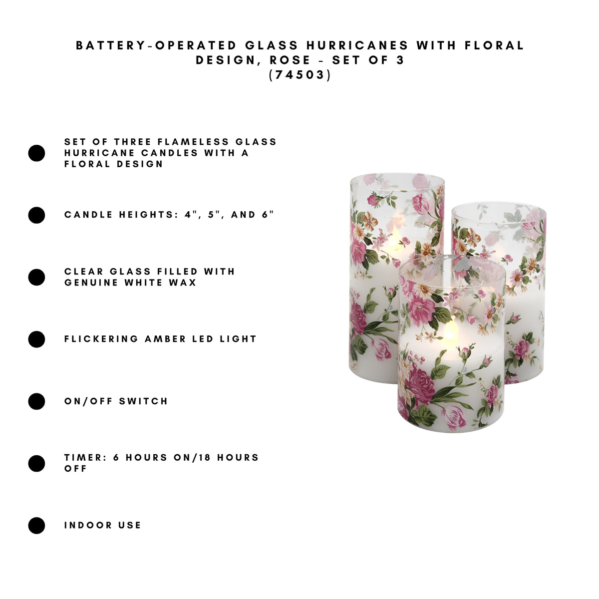 Battery-Operated Glass Hurricanes with Floral Design - Set of 3