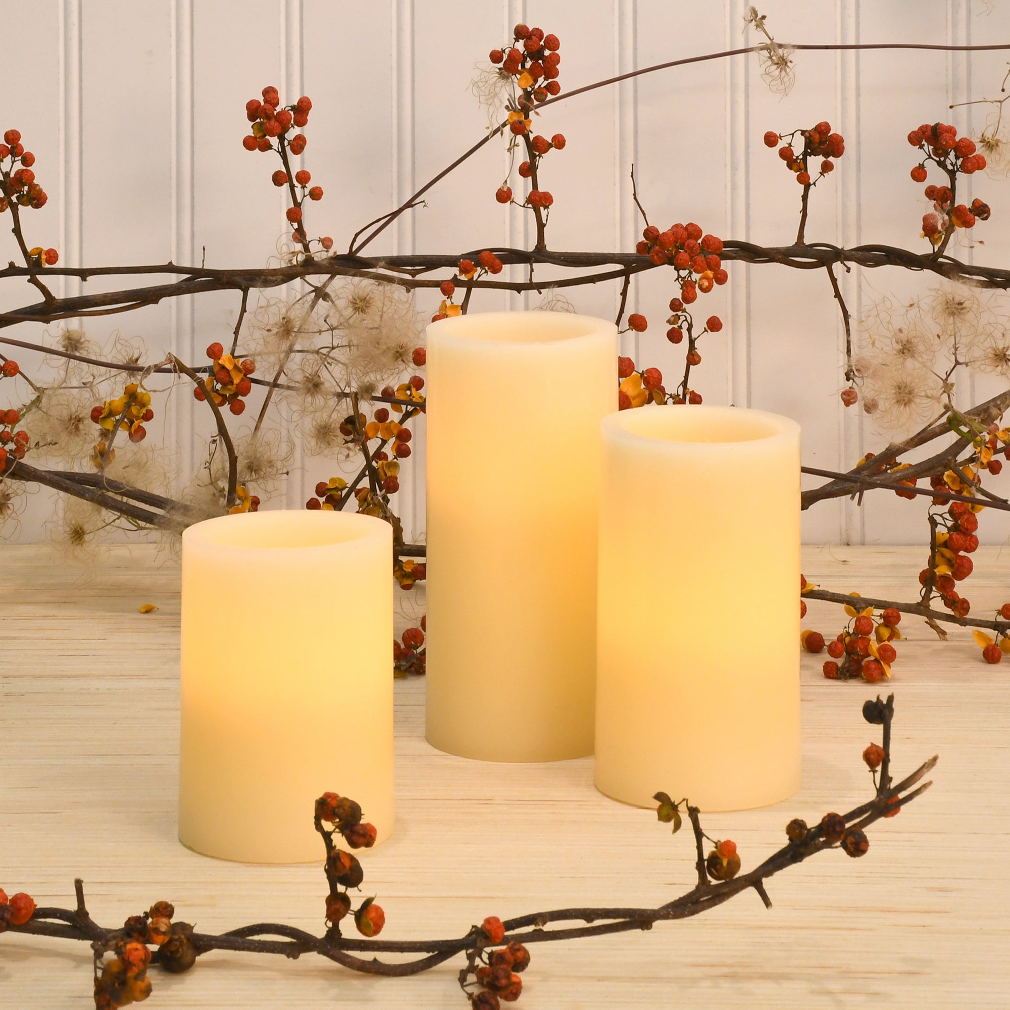 Set Of 3 Ivory Flameless LED Pillar Candles With Remote, Melted Edge & Wax Drip