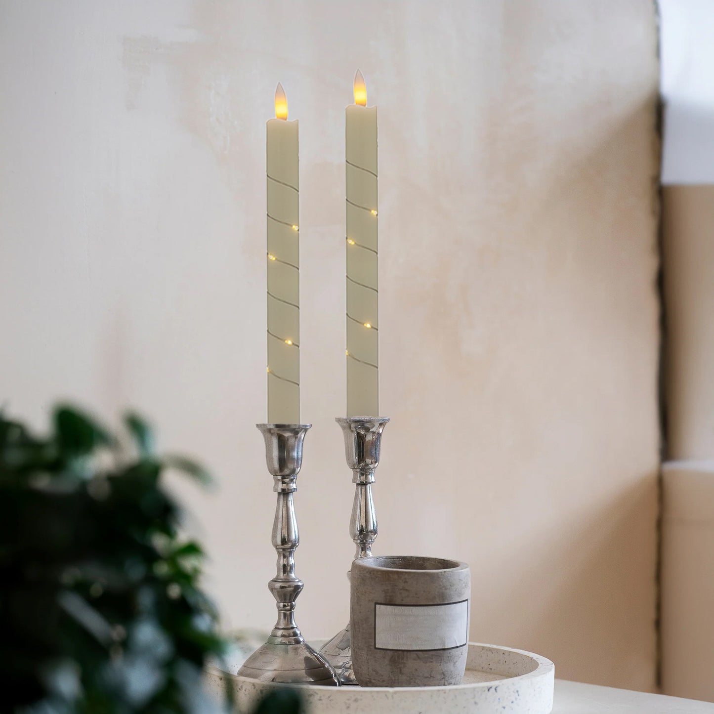 Battery-Operated Wax Taper Candles with Fairy Lights - Set of 2