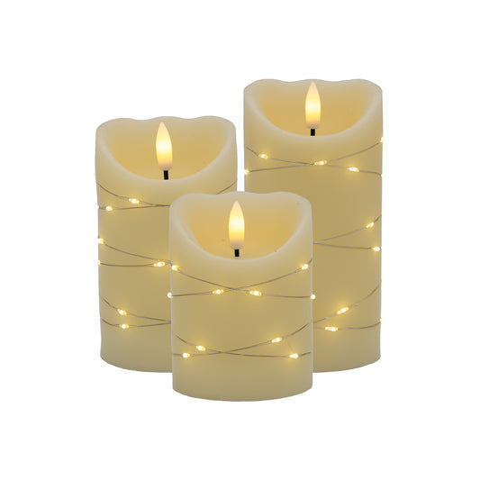 Battery-Operated Wax Candles with Fairy Lights - Set of 3