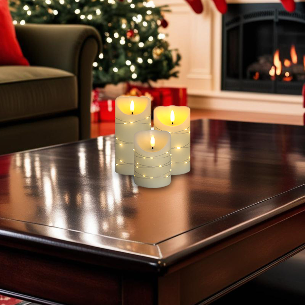 Battery-Operated Wax Candles with Fairy Lights - Set of 3