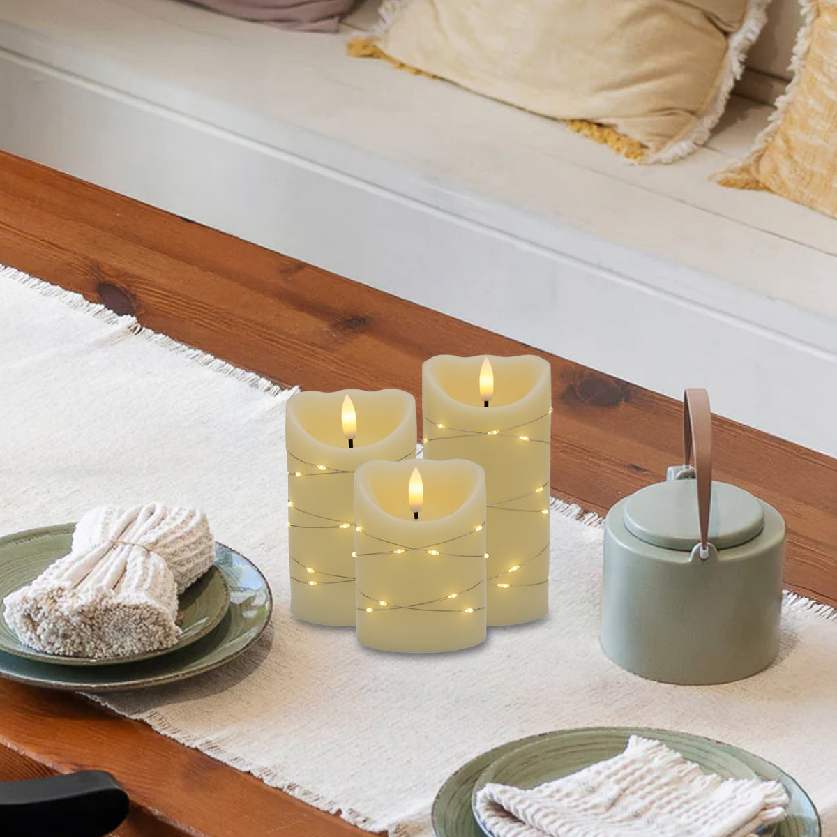 Battery-Operated Wax Candles with Fairy Lights - Set of 3