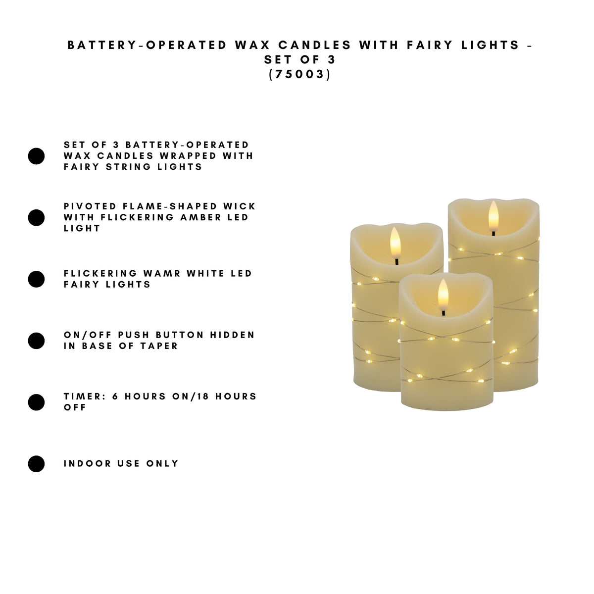 Battery-Operated Wax Candles with Fairy Lights - Set of 3