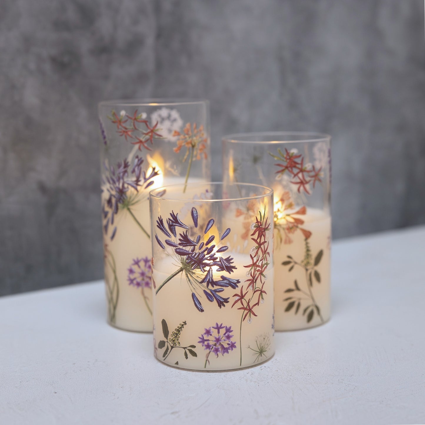 Battery-Operated Glass Hurricanes with Floral Design - Set of 3