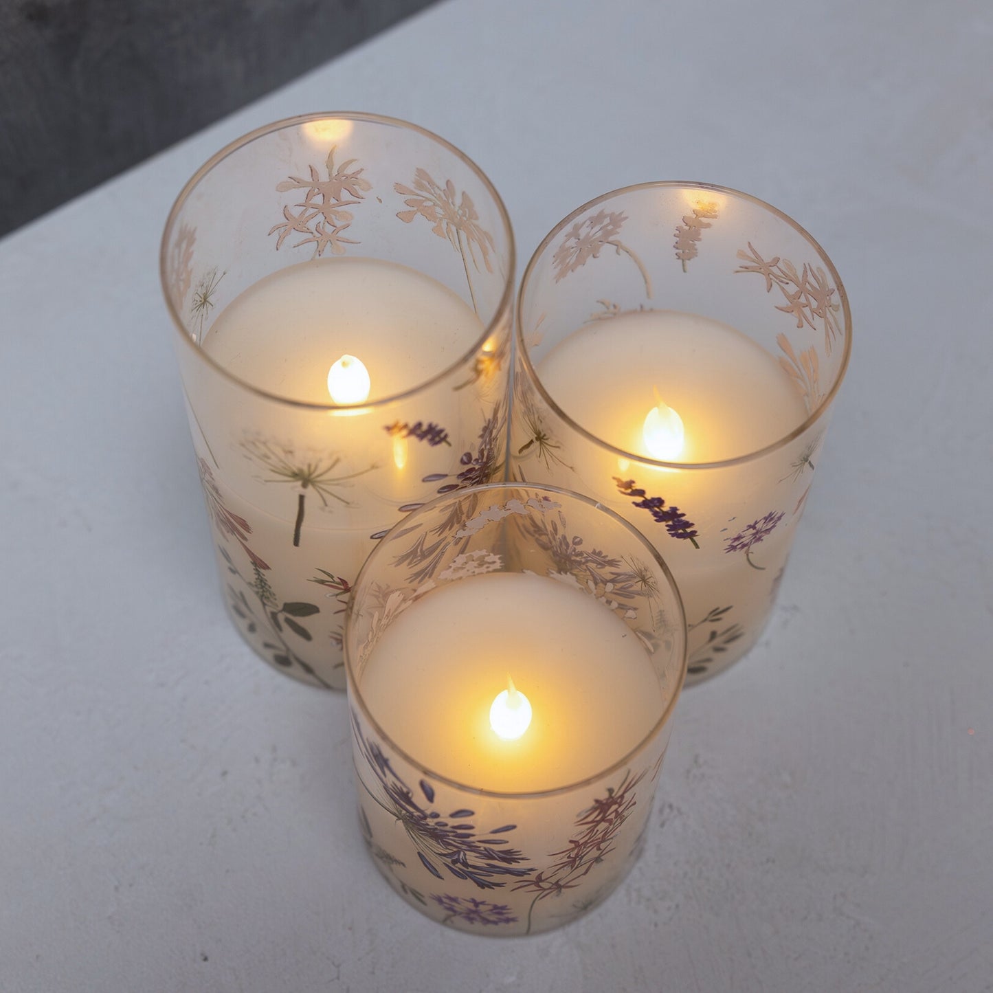 Battery-Operated Glass Hurricanes with Floral Design - Set of 3