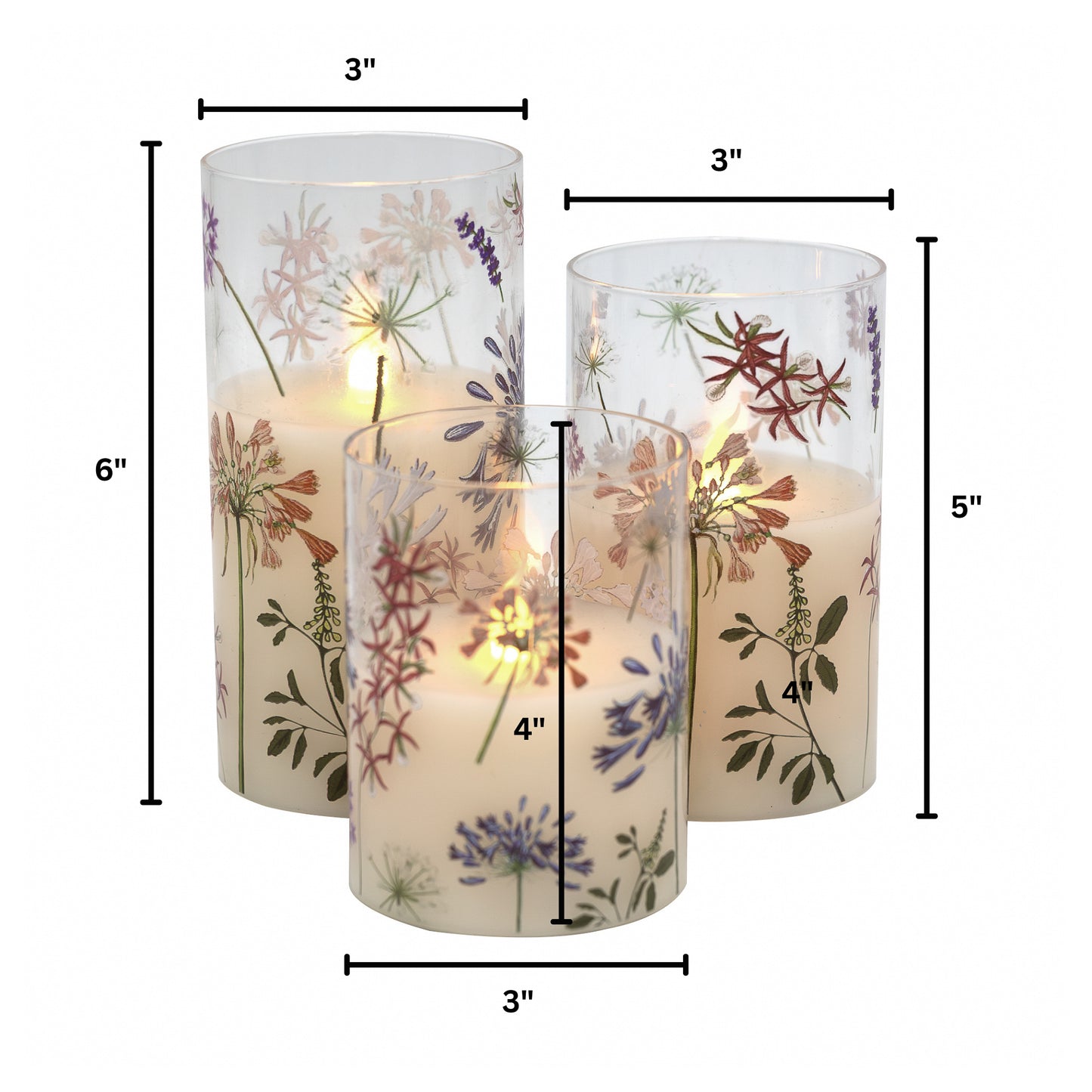 Battery-Operated Glass Hurricanes with Floral Design - Set of 3