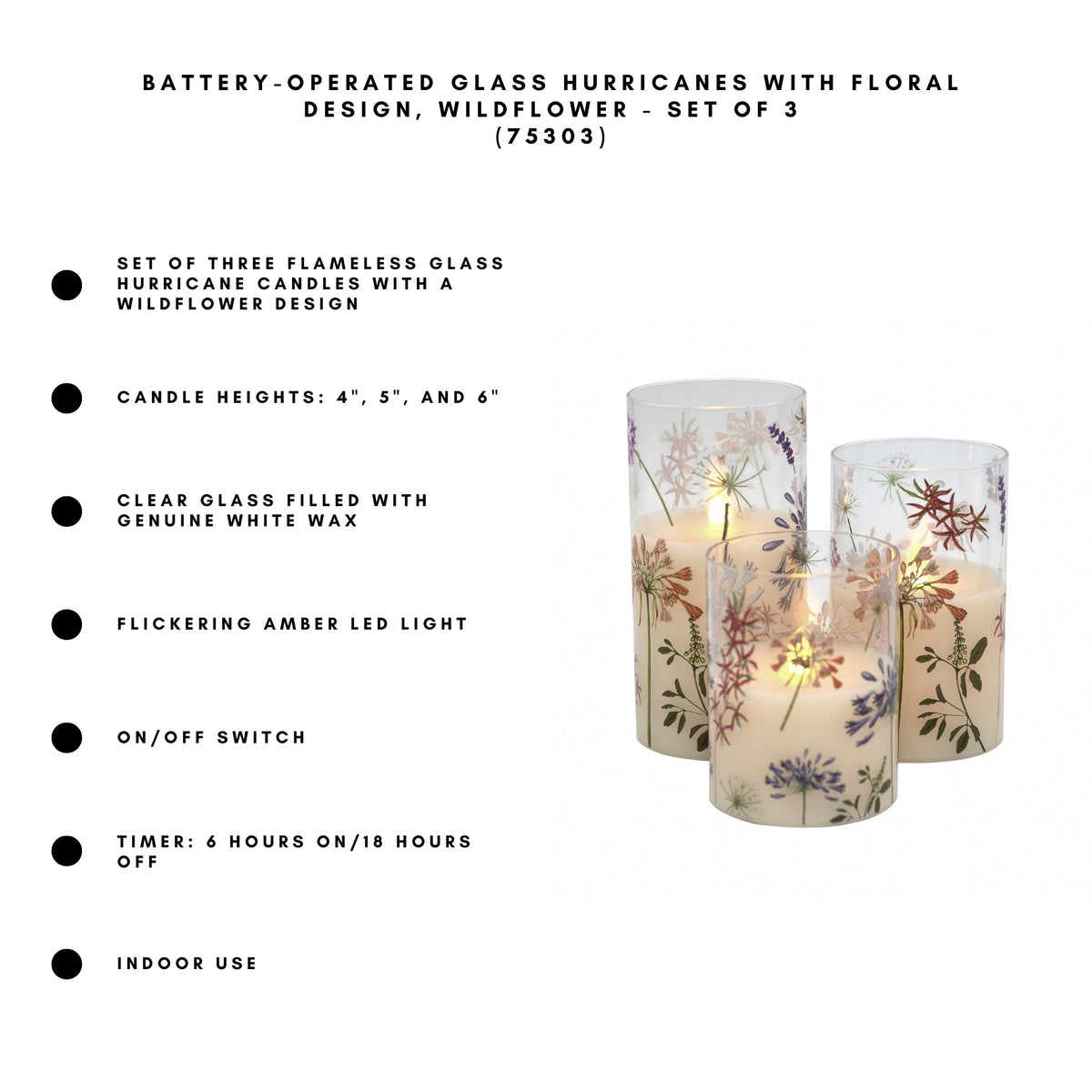 Battery-Operated Glass Hurricanes with Floral Design - Set of 3