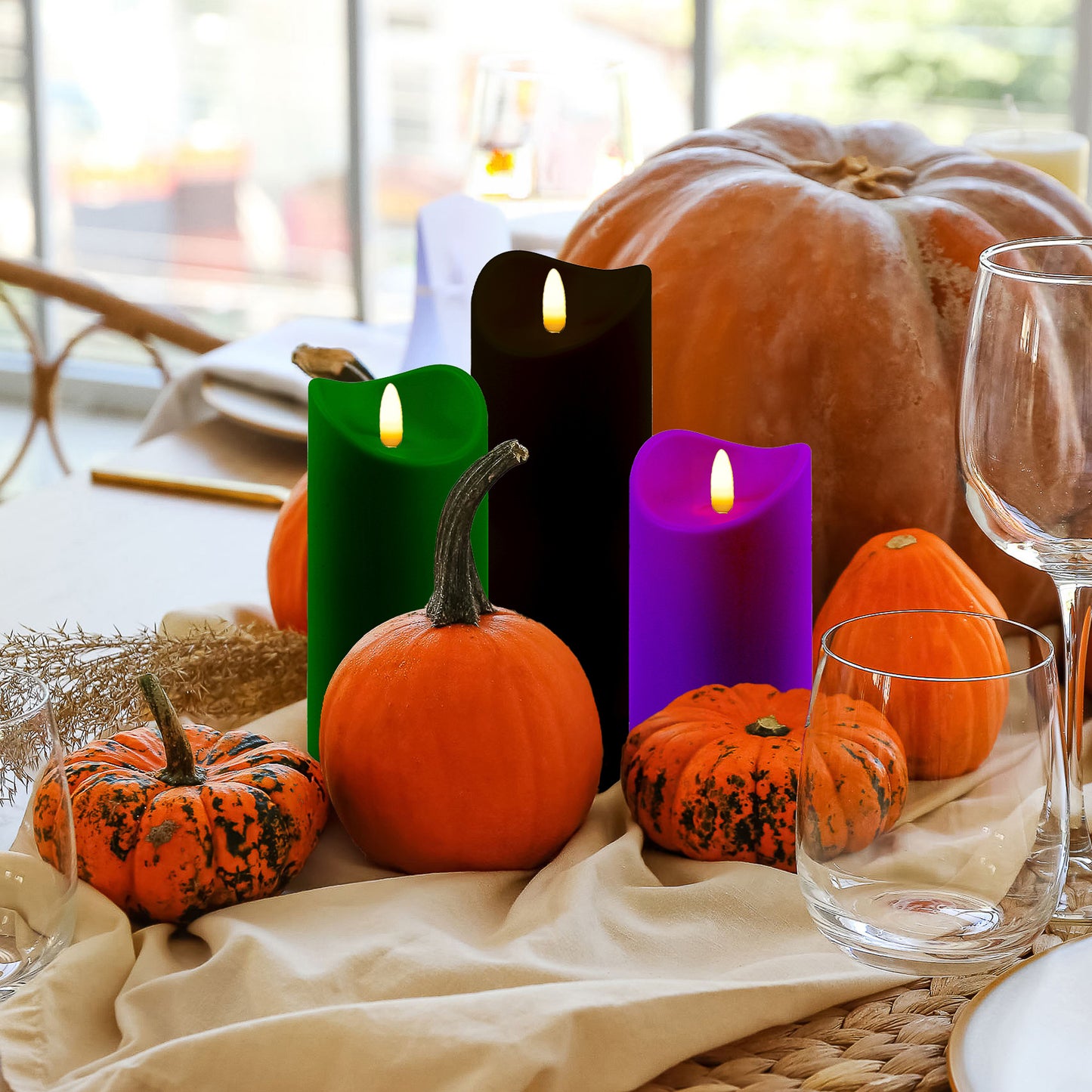 Battery Operated LED Green, Purple & Black Candles with Bullet Flame - Set of 3