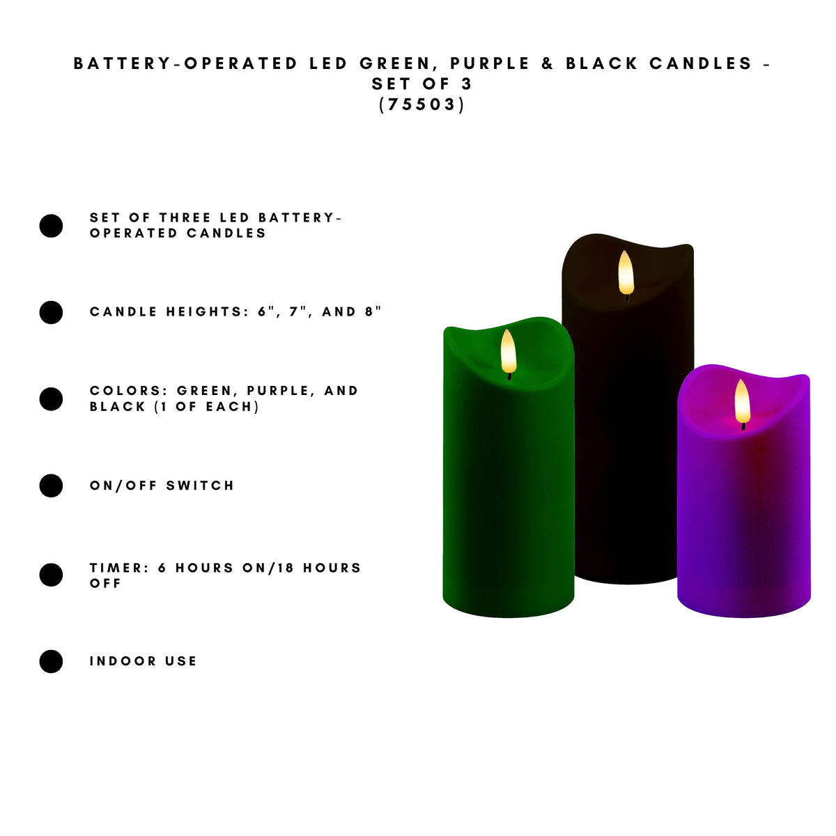 Battery-Operated LED Green, Purple & Black Candles with Bullet Flame - Set of 3