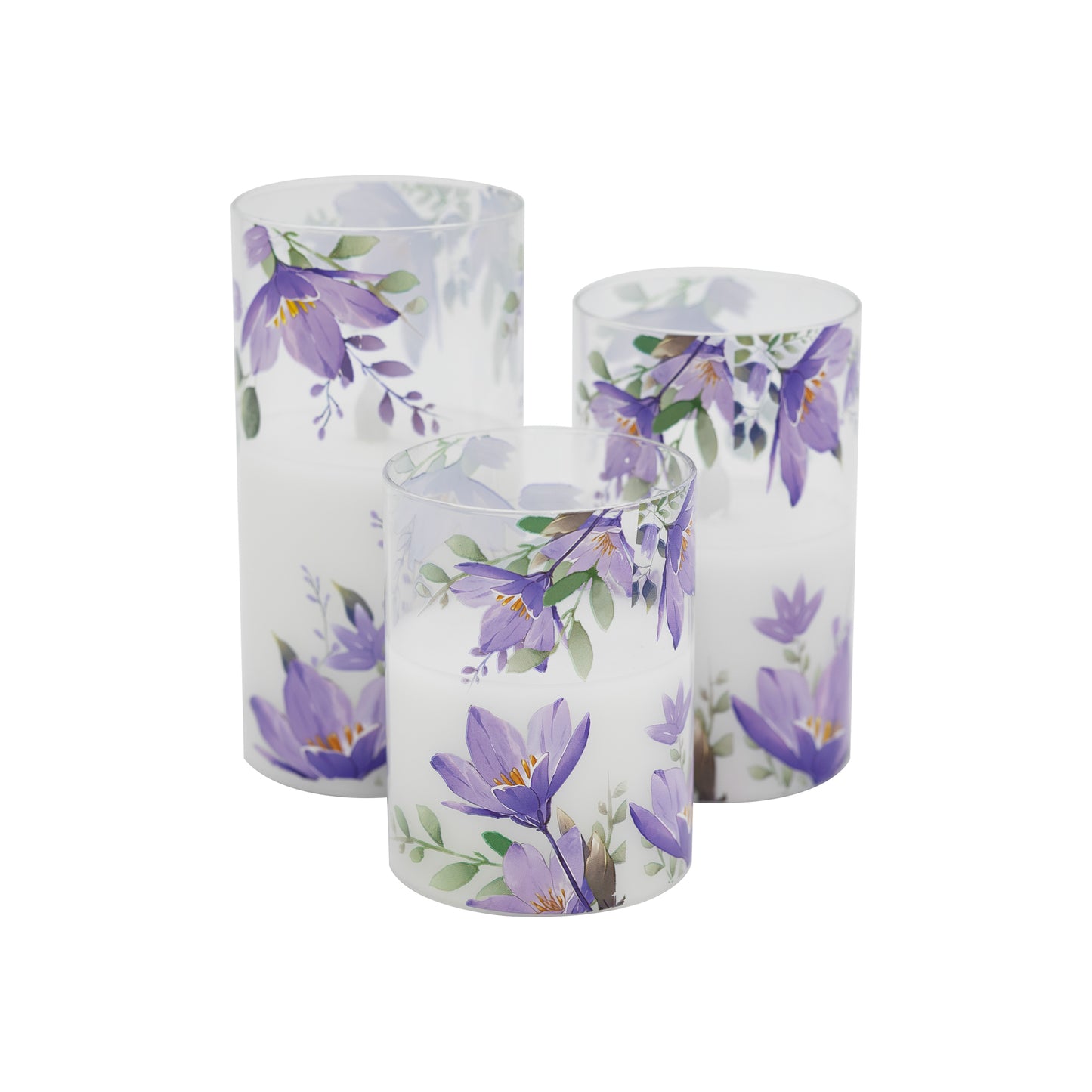 Battery-Operated Glass Hurricanes with Floral Design - Set of 3