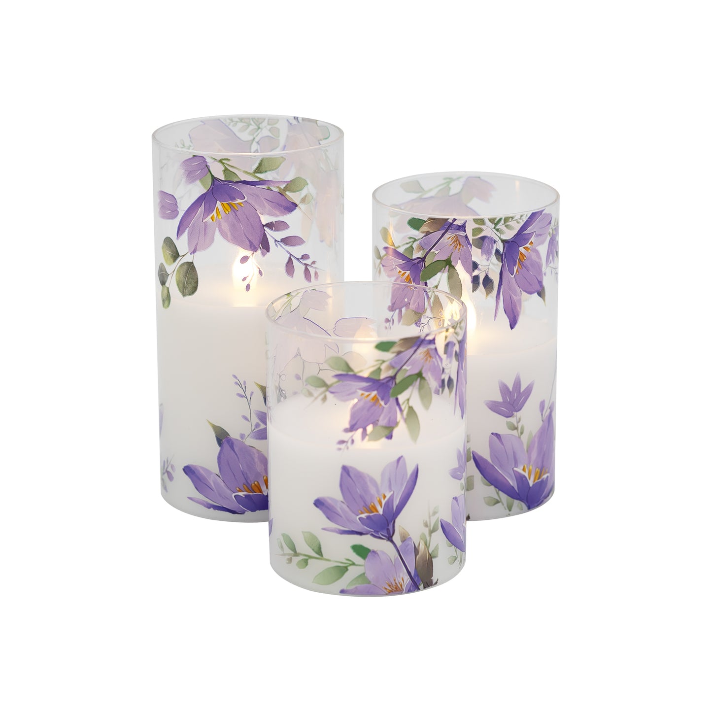 Battery-Operated Glass Hurricanes with Floral Design - Set of 3