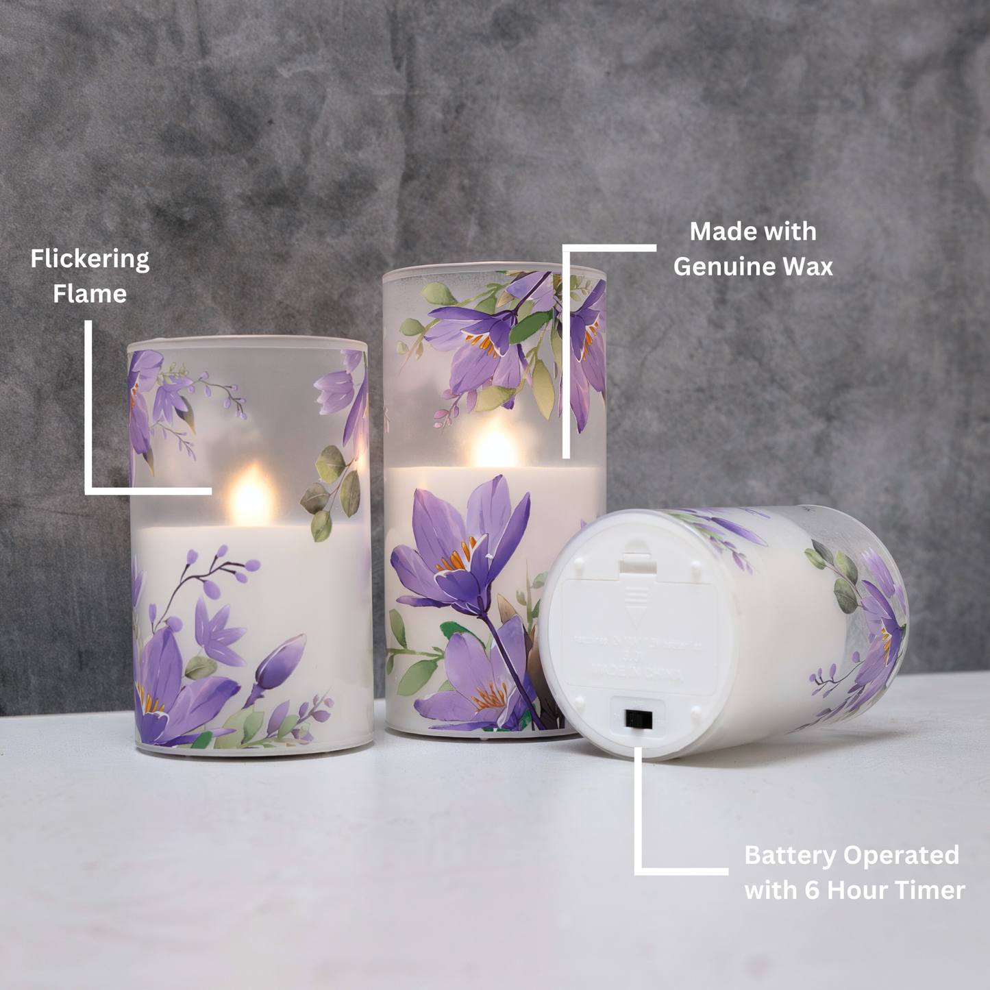 Battery-Operated Glass Hurricanes with Floral Design - Set of 3