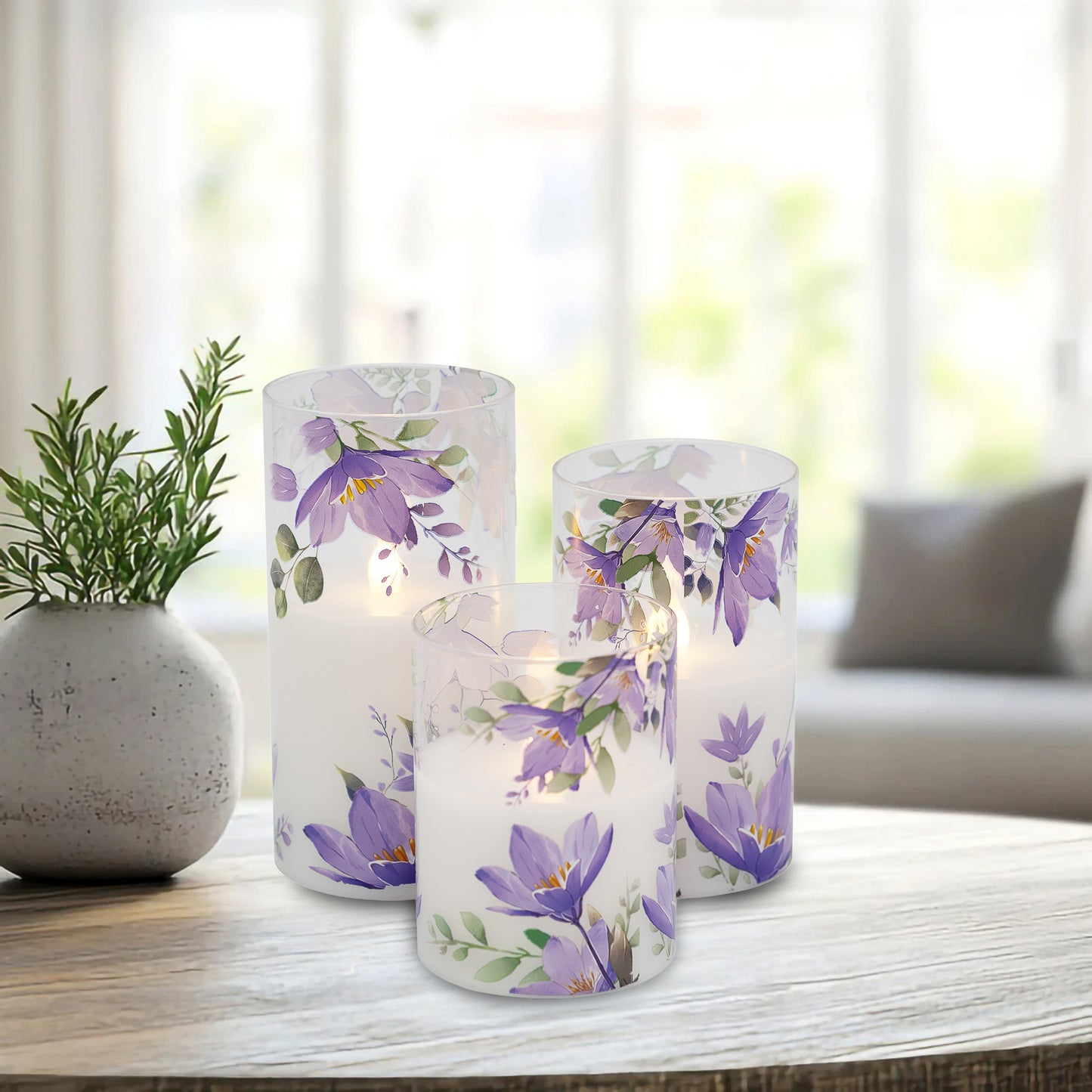 Battery-Operated Glass Hurricanes with Floral Design - Set of 3