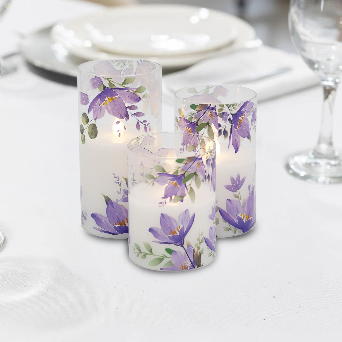 Battery-Operated Glass Hurricanes with Floral Design - Set of 3