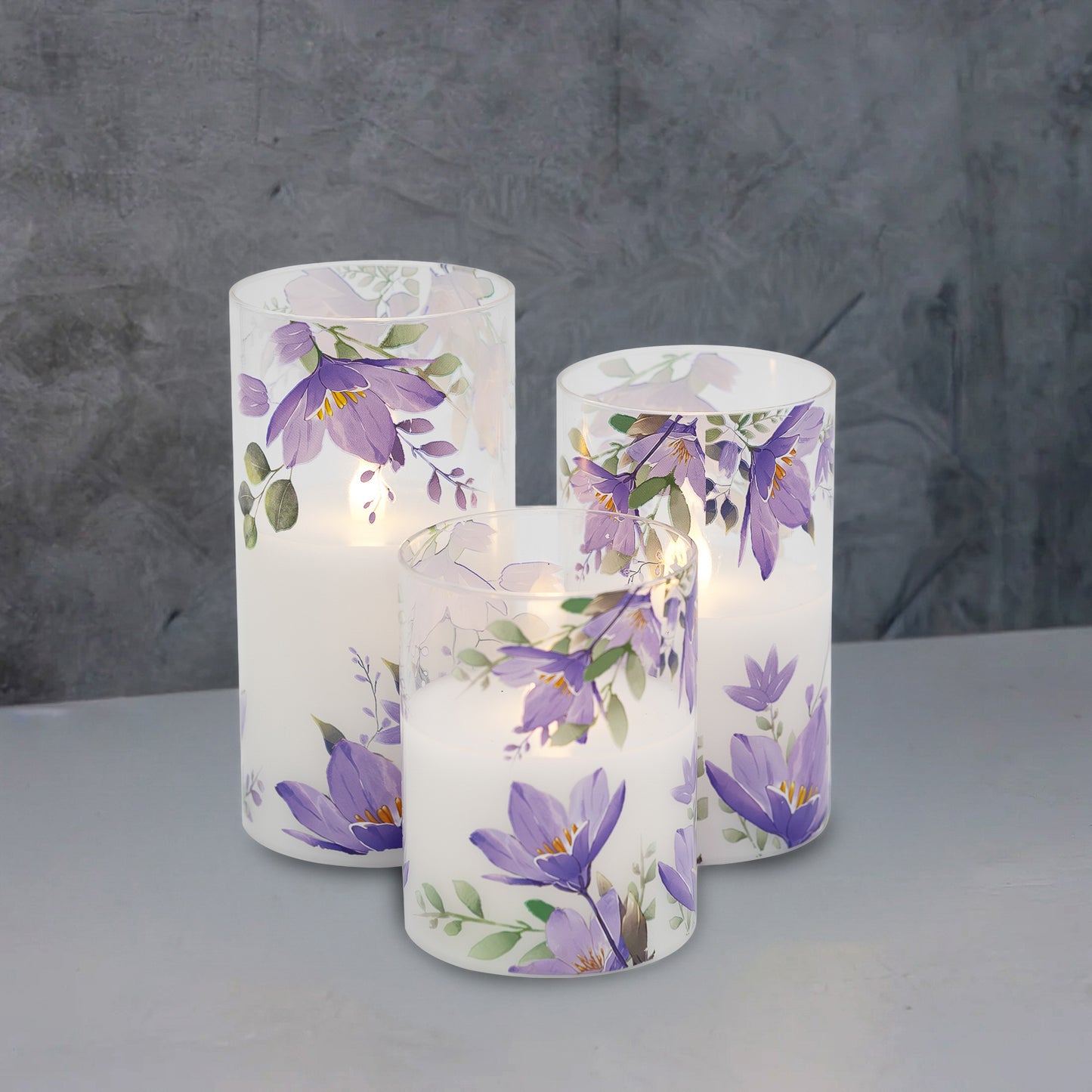 Battery-Operated Glass Hurricanes with Floral Design - Set of 3