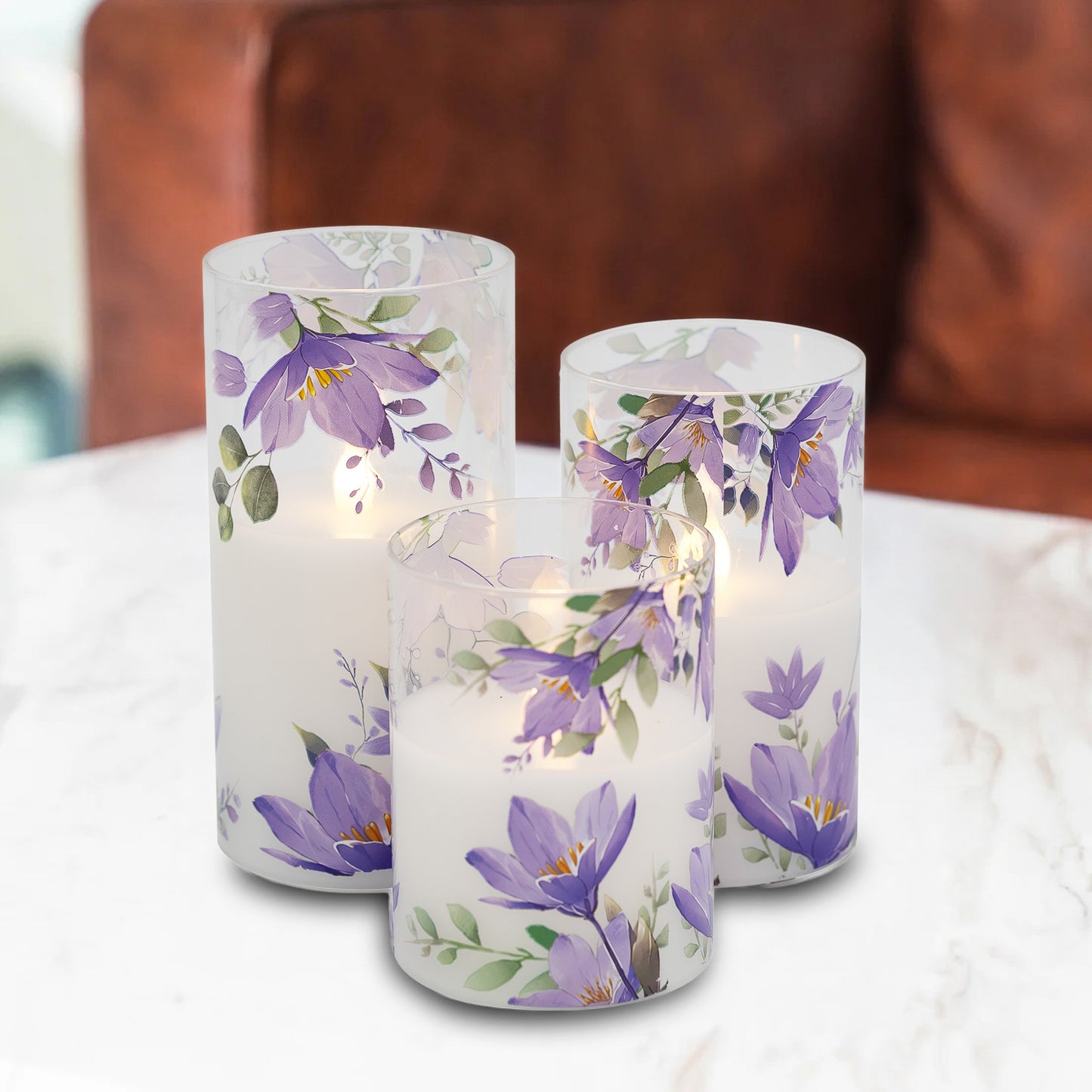 Battery-Operated Glass Hurricanes with Floral Design - Set of 3