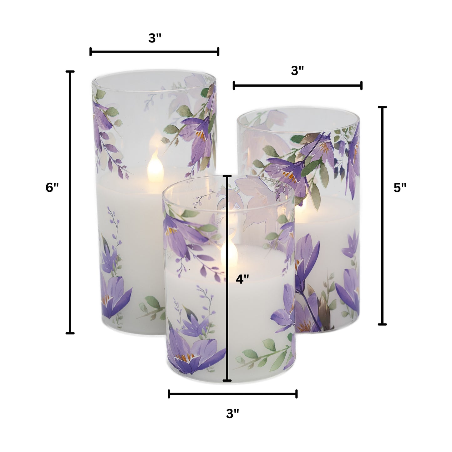Battery-Operated Glass Hurricanes with Floral Design - Set of 3