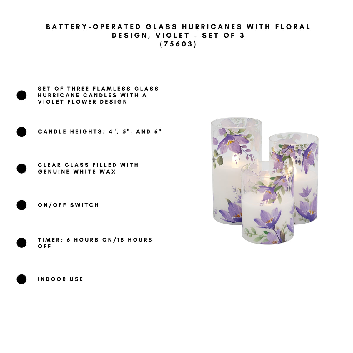 Battery-Operated Glass Hurricanes with Floral Design - Set of 3