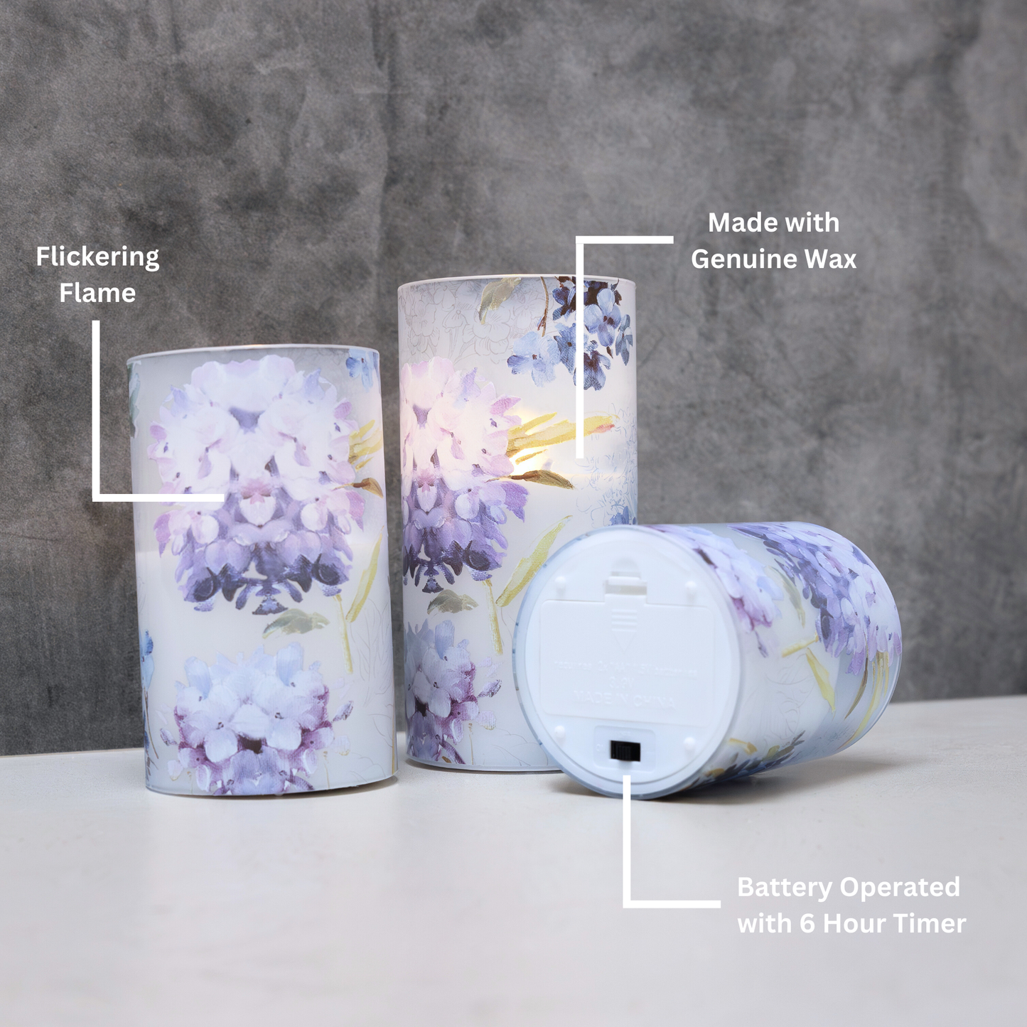 Battery-Operated Glass Hurricanes with Floral Design - Set of 3