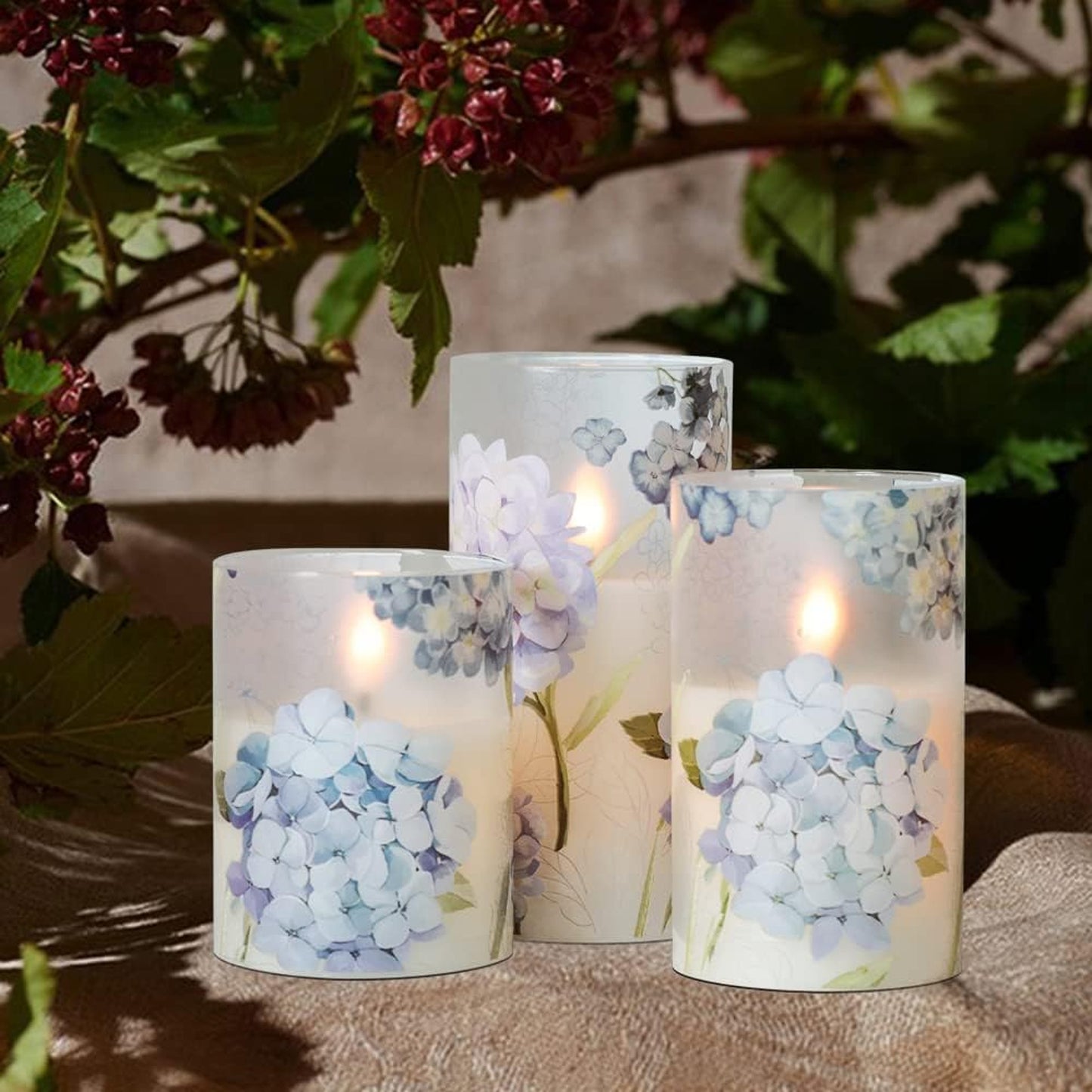 Battery-Operated Glass Hurricanes with Floral Design - Set of 3
