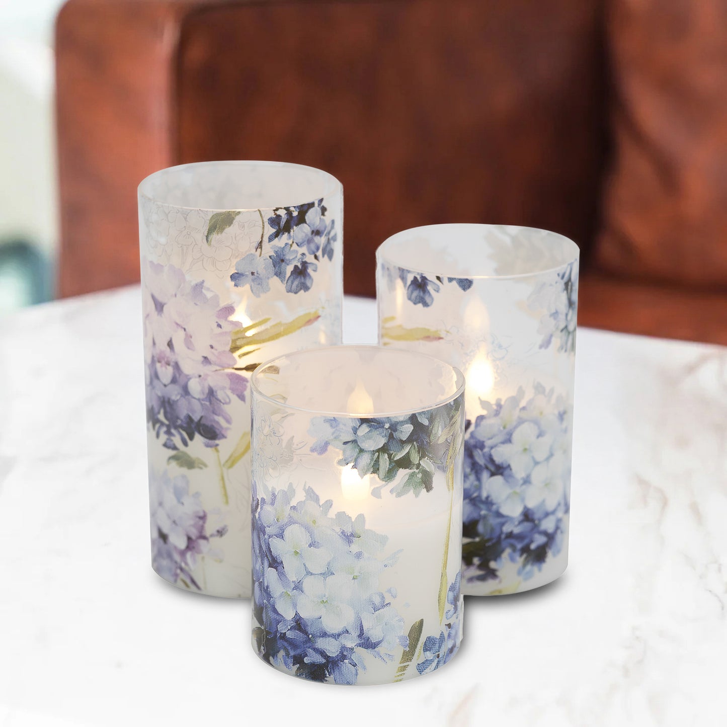 Battery-Operated Glass Hurricanes with Floral Design - Set of 3