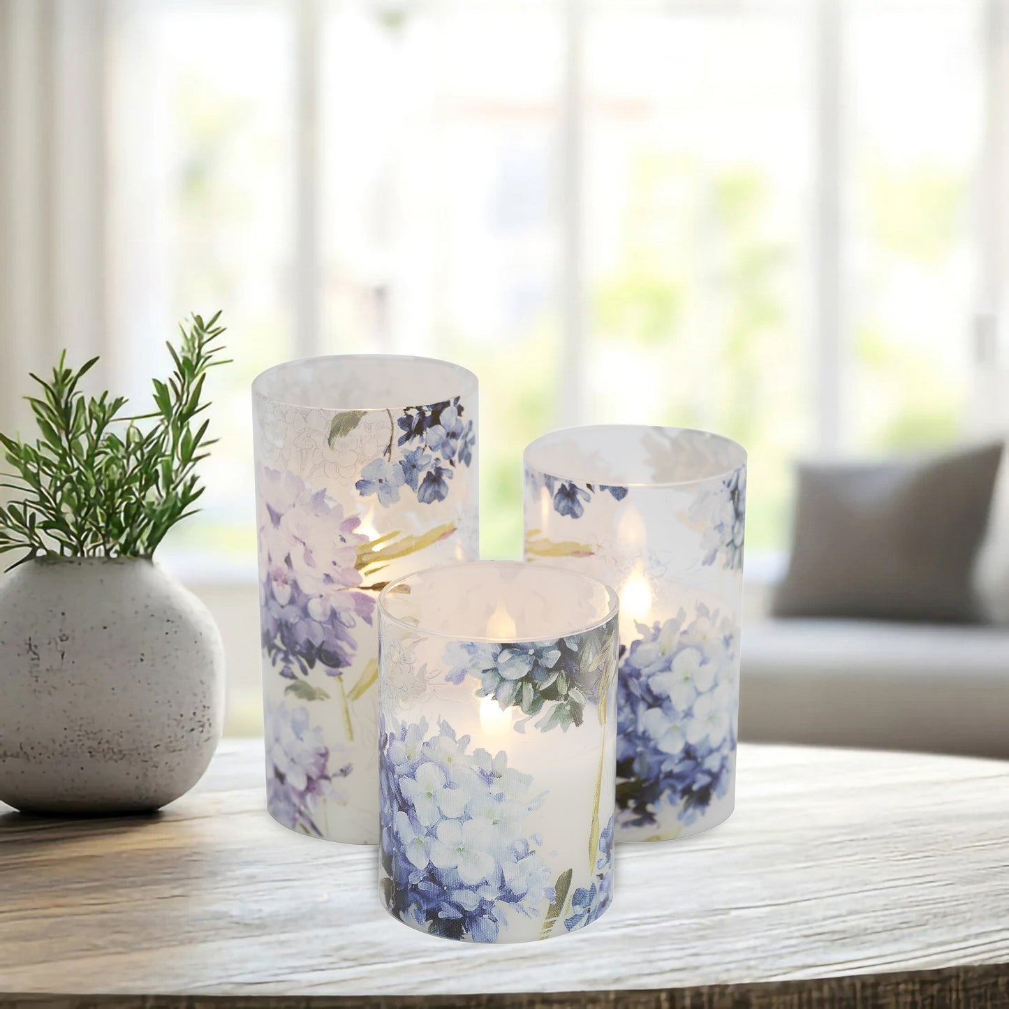 Battery-Operated Glass Hurricanes with Floral Design - Set of 3