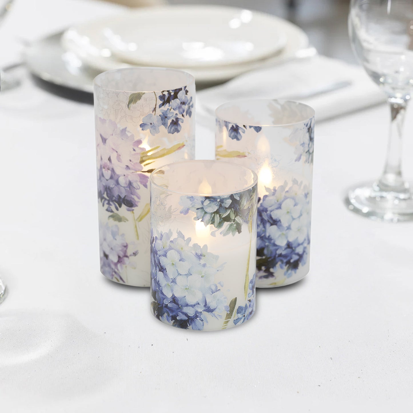 Battery-Operated Glass Hurricanes with Floral Design - Set of 3