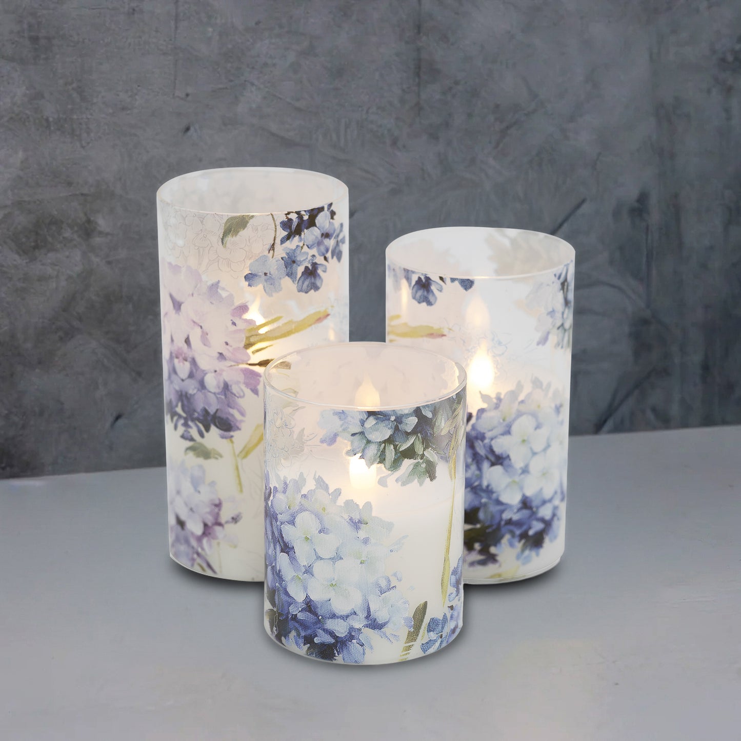 Battery-Operated Glass Hurricanes with Floral Design - Set of 3