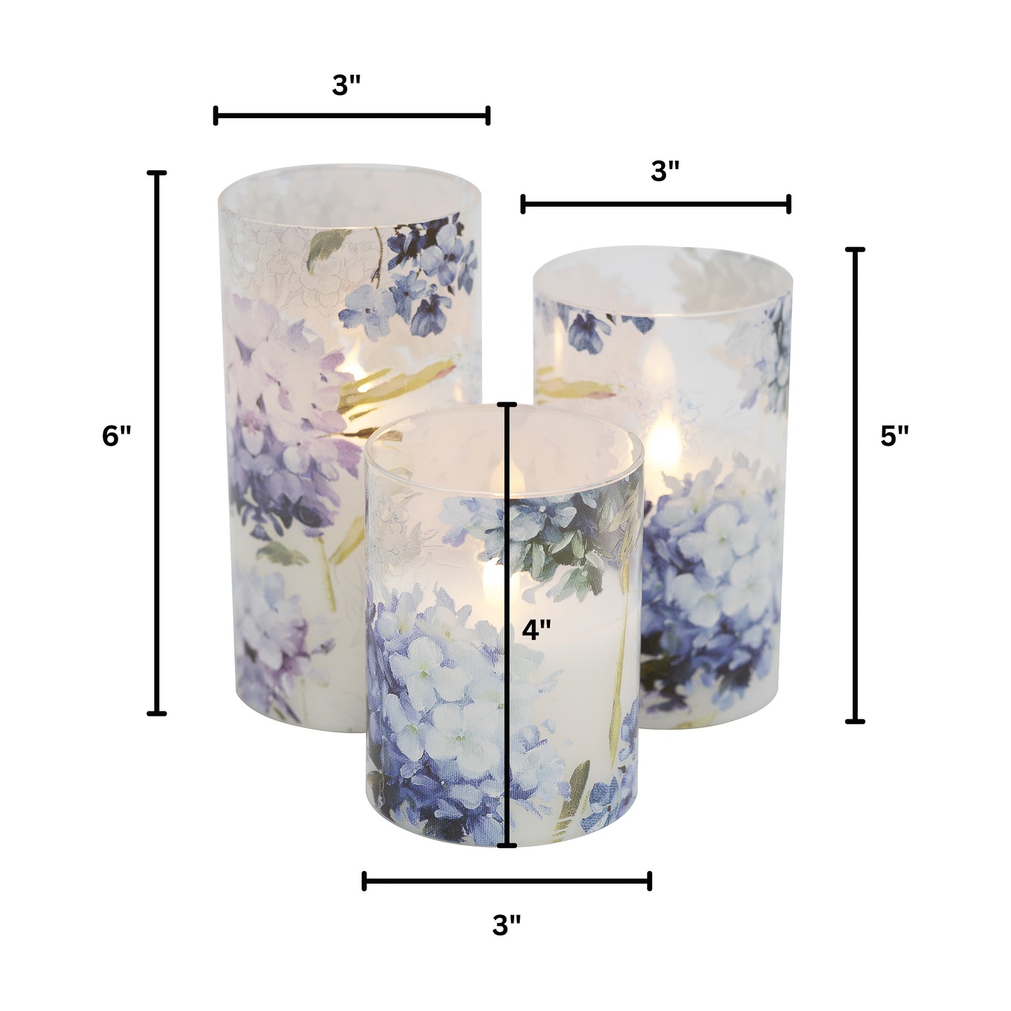 Battery-Operated Glass Hurricanes with Floral Design - Set of 3