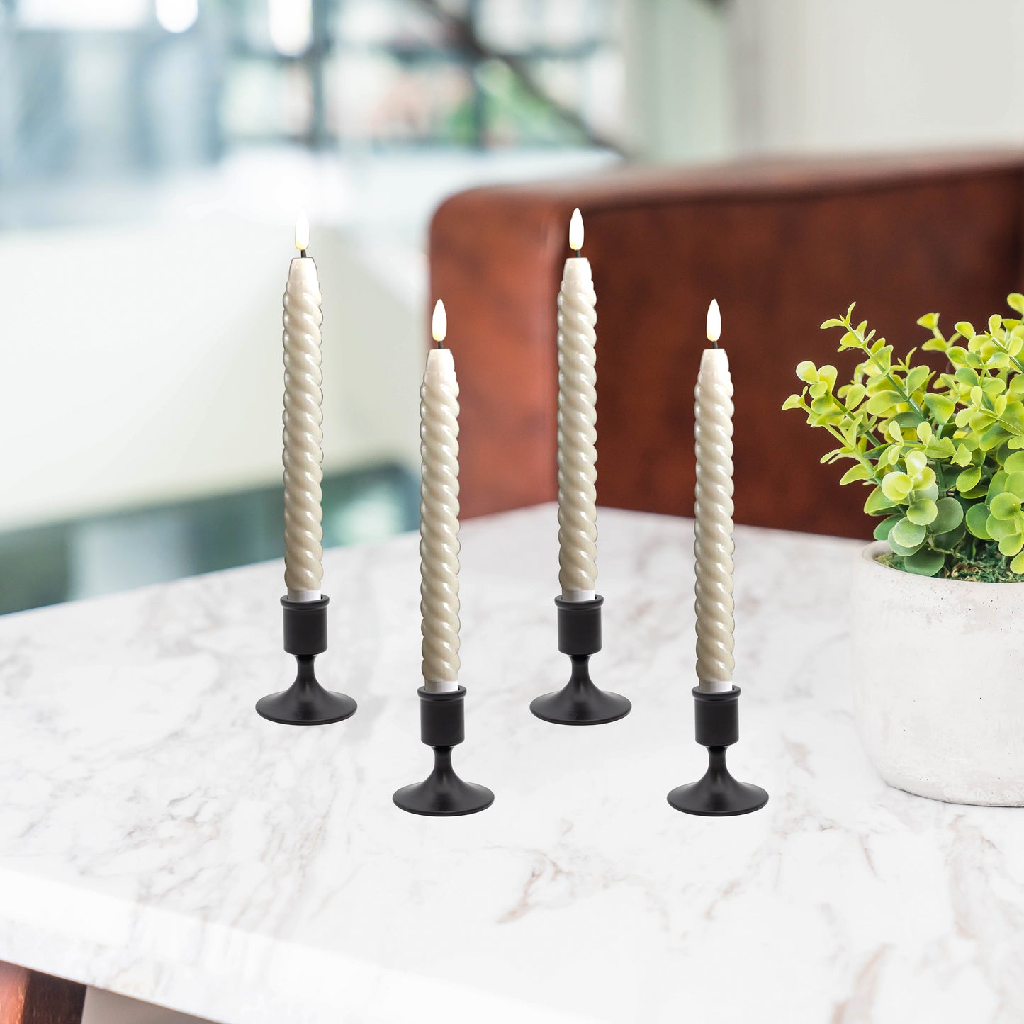 Battery Operated Twisted Wax Candles with 3D Wick Flame - Set of 4