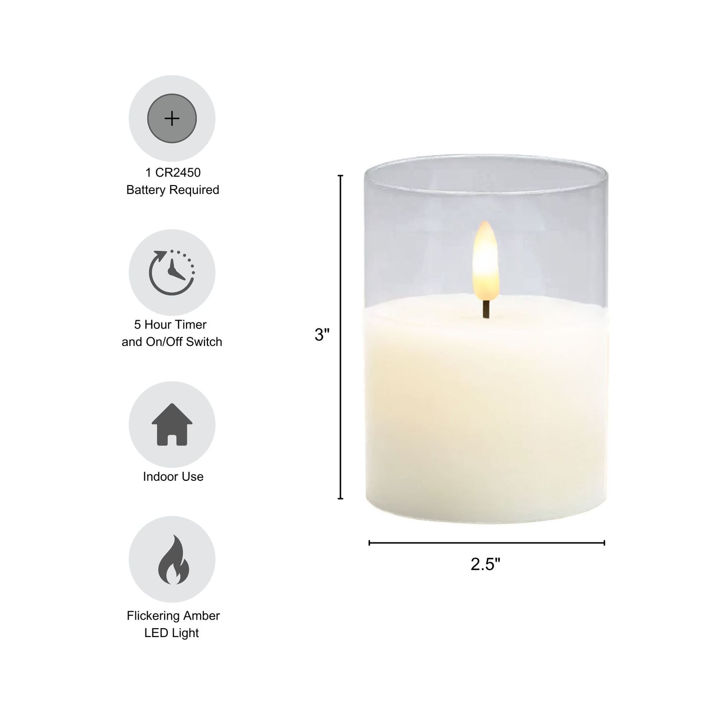 Battery operated white 3D wick flame candle with specs