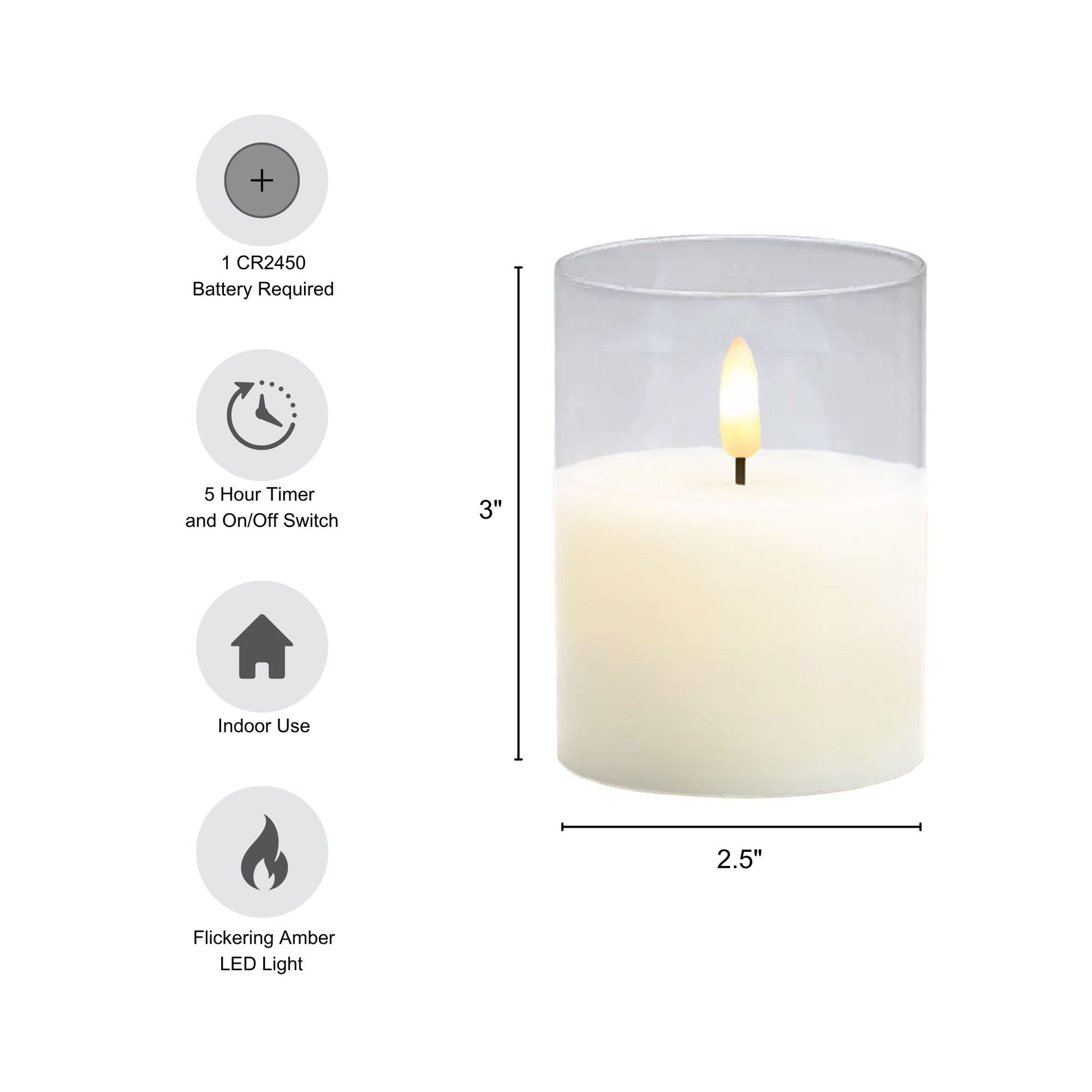 Battery operated white 3D wick flame candle with specs