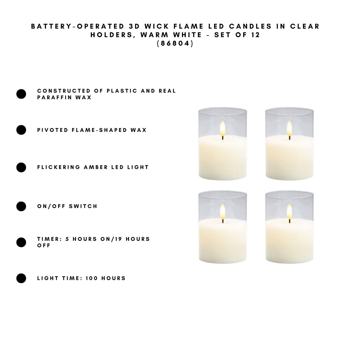Battery-Operated 3D Wick Flame LED Candles in Clear Holders, Warm White - Set of 4