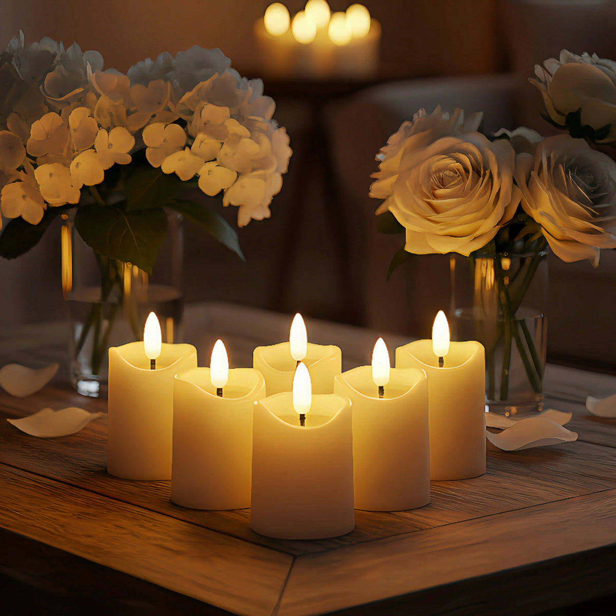 Battery-Operated 3D Wick Flame Mini Pillars - Set of 6